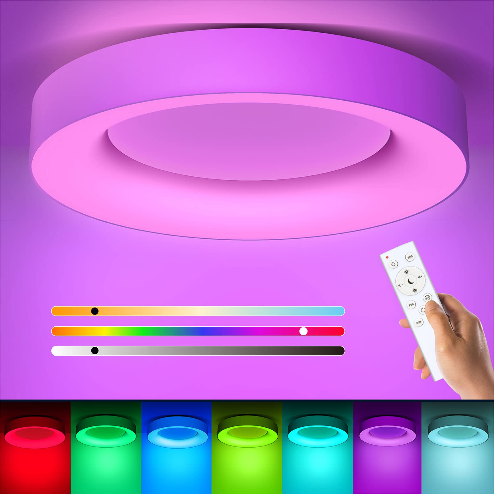 Annaror RGB Flush Mount Ceiling Light with Remote Control, 2400LM Dimmable Ceiling Light Fixture, 3000K-6500K Modern Low Profile Ceiling Lights for Bedroom Kids Room, 11in White