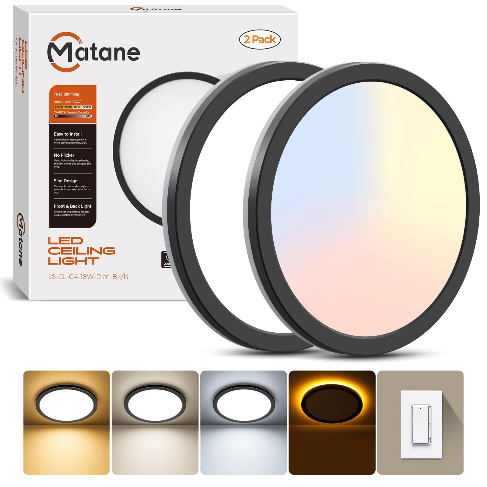 Matane LED Flush Mount Ceiling Light Fixture with Night Light, 1800LM 3000K/4000K/5000K Selectable, Dimmable Low Profile Ceiling Light for Kitchen Bedroom Hallway, 8.7inch Round White