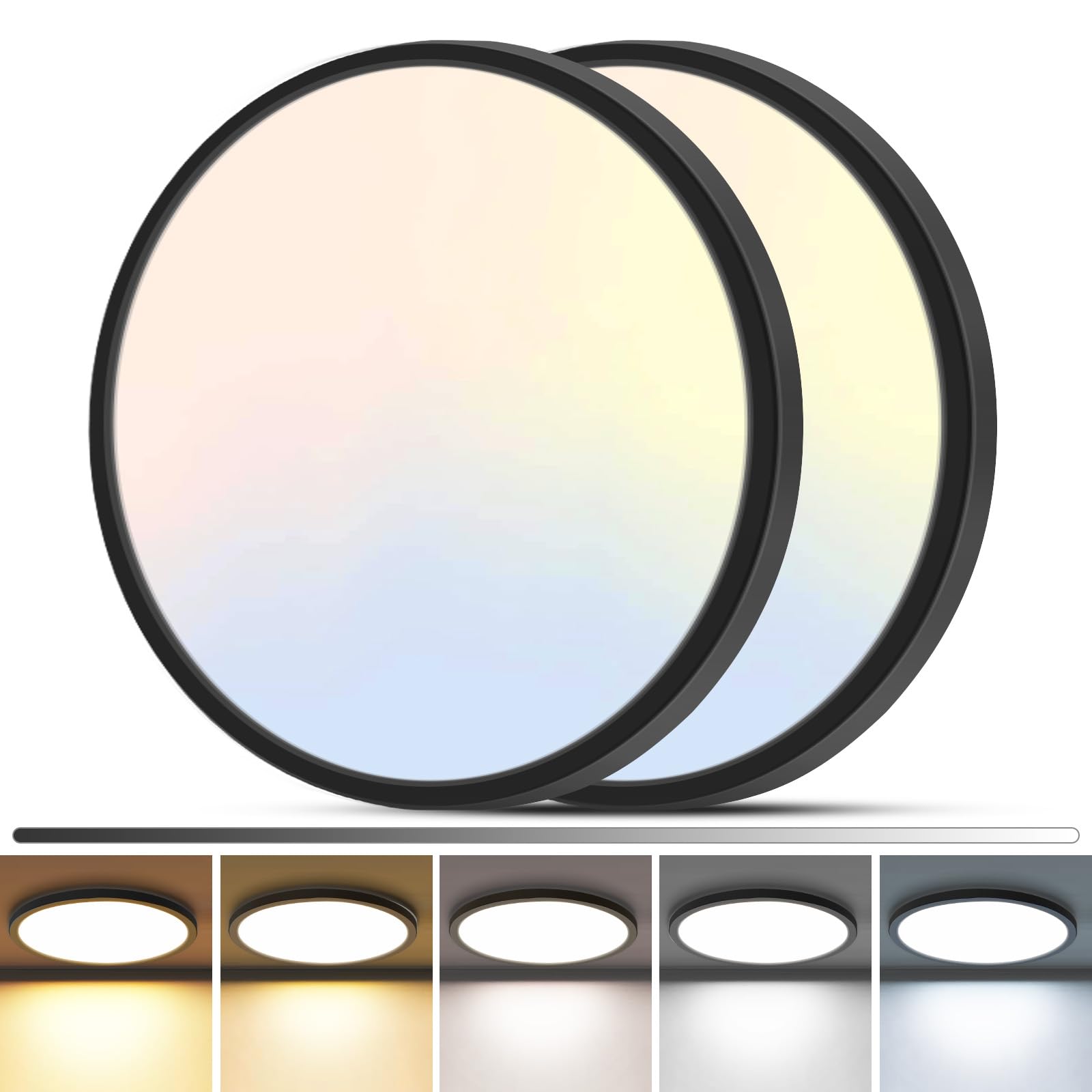 zemty 4Pack LED Flush Mount Ceiling Light, 12Inch 24W Dimmable Ceiling Lights Fixture, 5 Color Temperatures (3000K-6500K) Black Round Ceiling Lamp for Bedroom, Kitchen, Hallway,Bathroom