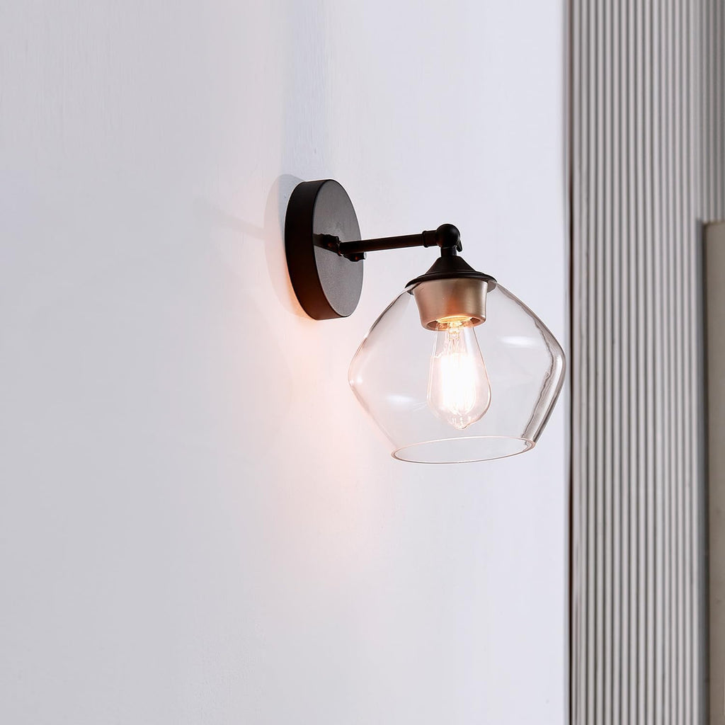 Globe Electric 51367 1-Light Wall Sconce, Matte Black, Gold Accent Socket, Clear Glass Shade, Wall-Lamp Dimmable, Lights for Bedroom, Kitchen Sconces Lighting, Home Decor, Bulb Not Included