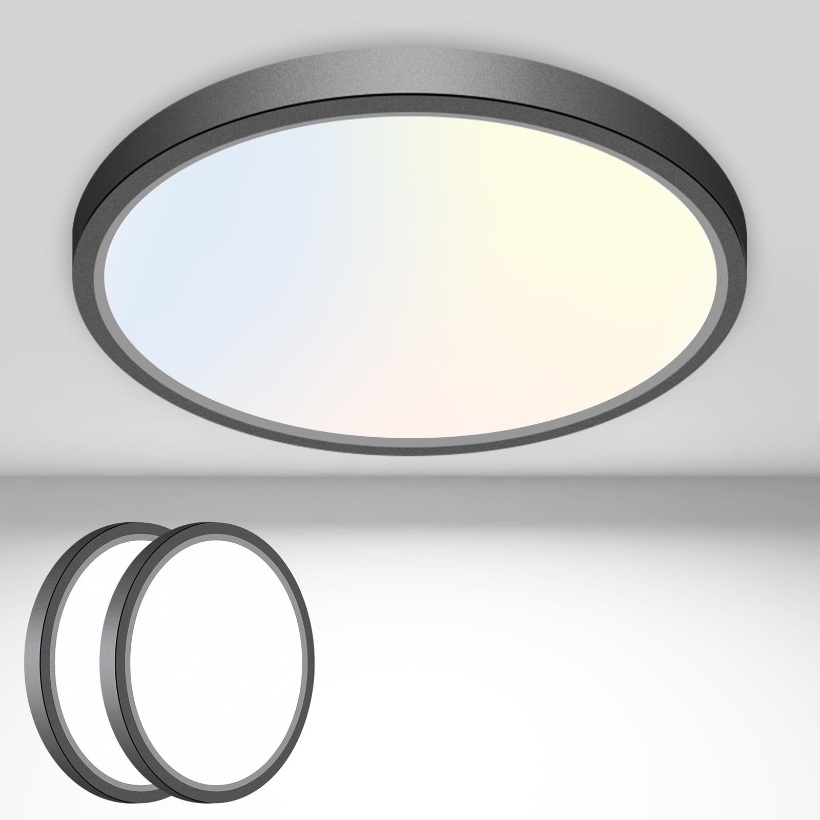 2PACK Flush Mount LED Ceiling Light Fixture Black, 12Inch 28Watt, Dimmable & 3000K-4500K-6000K 3 Color Selectable Ceiling Lamp 3200LM Low Profile Ceiling Light for Kitchen Bedroom Hallway Porch