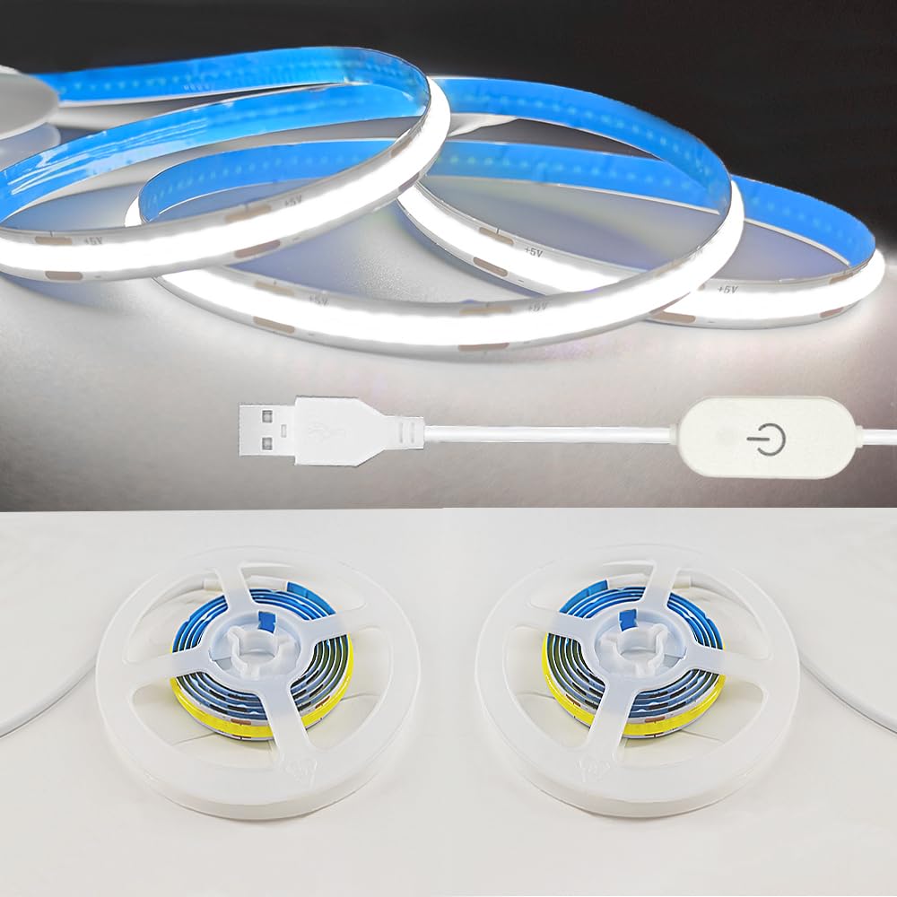 ZSLAIFU A 5V USB LED Light Strip, COB LED Strip Lights, White 5V LED Lights, Small LED Strip Light, TV Lights for TV Under Cabinet Kitchen Living Room Shelving or Displays (White, 3.28ft)