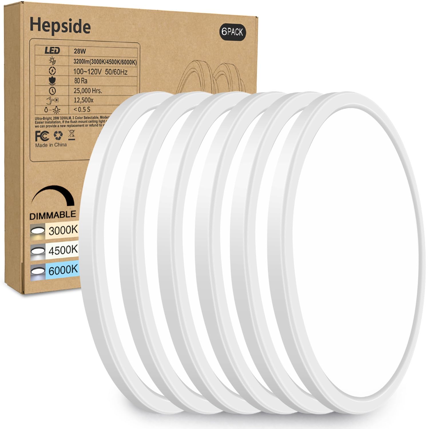 hepside 12Inch Flush Mount Light Fixture White, 28Watt, Dimmable & 3000K-4500K-6000K 3 Color Selectable Flush Ceiling Light Fixture 3200LM Low Profile Ceiling Light for Kitchen Bedroom Hallway Porch