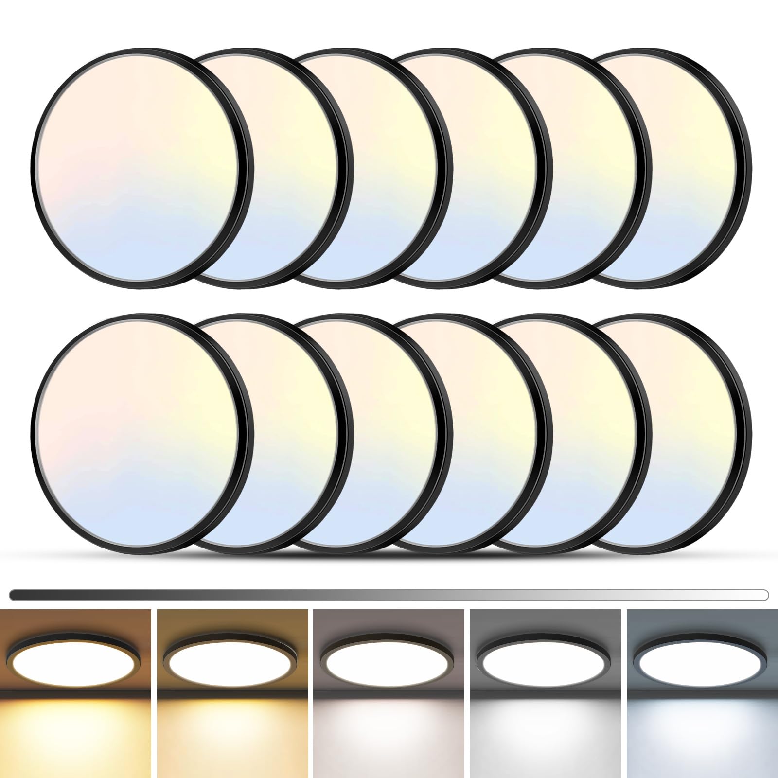 zemty 4Pack LED Flush Mount Ceiling Light, 12Inch 24W Dimmable Ceiling Lights Fixture, 5 Color Temperatures (3000K-6500K) Black Round Ceiling Lamp for Bedroom, Kitchen, Hallway,Bathroom