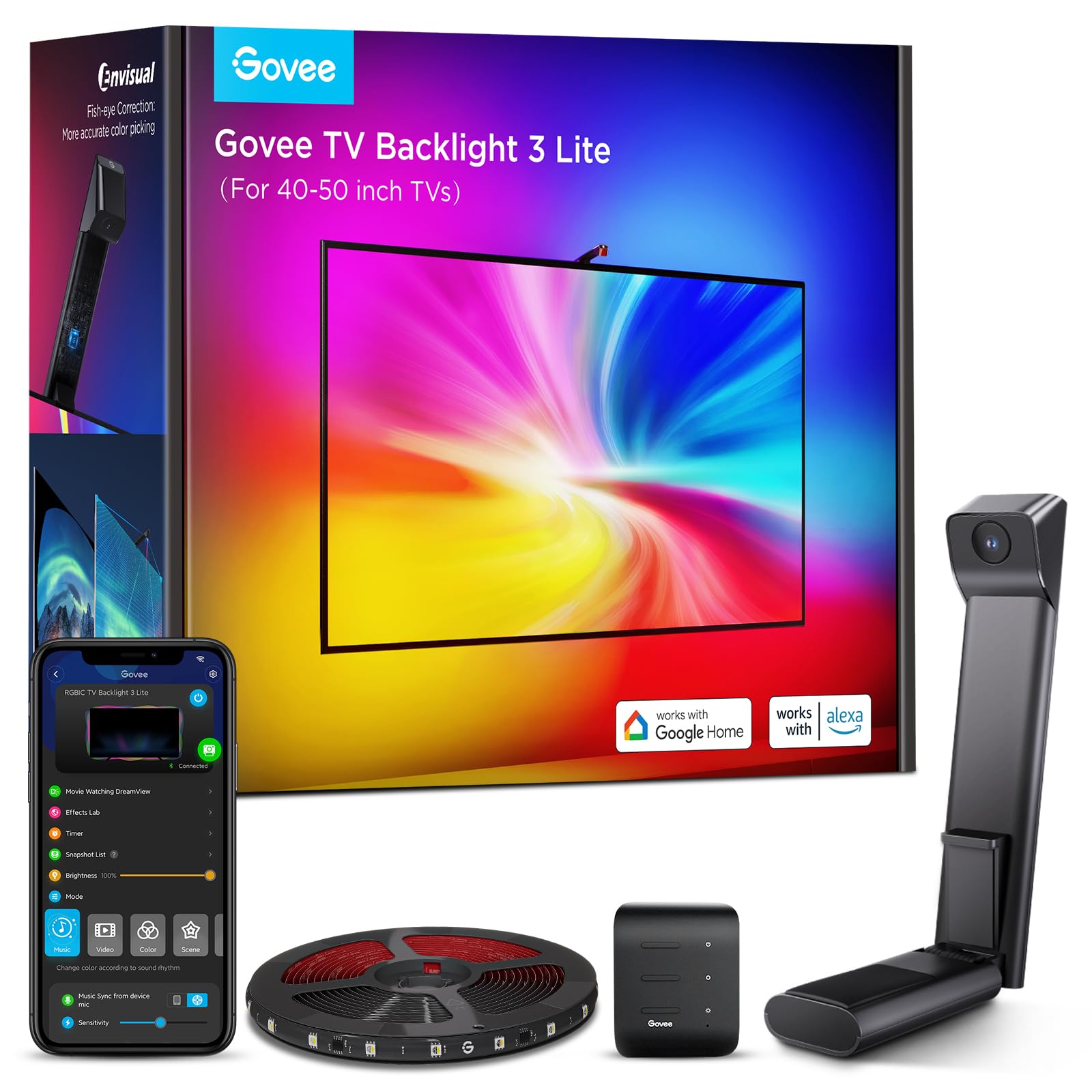 Govee TV Backlight 3 Lite with Fish-Eye Correction Function Sync to 55-65 Inch TVs, 11.8ft RGBICW Wi-Fi LED Strip Lights with Camera, 4 Colors in 1 Lamp Bead, Voice and APP Control, Adapter