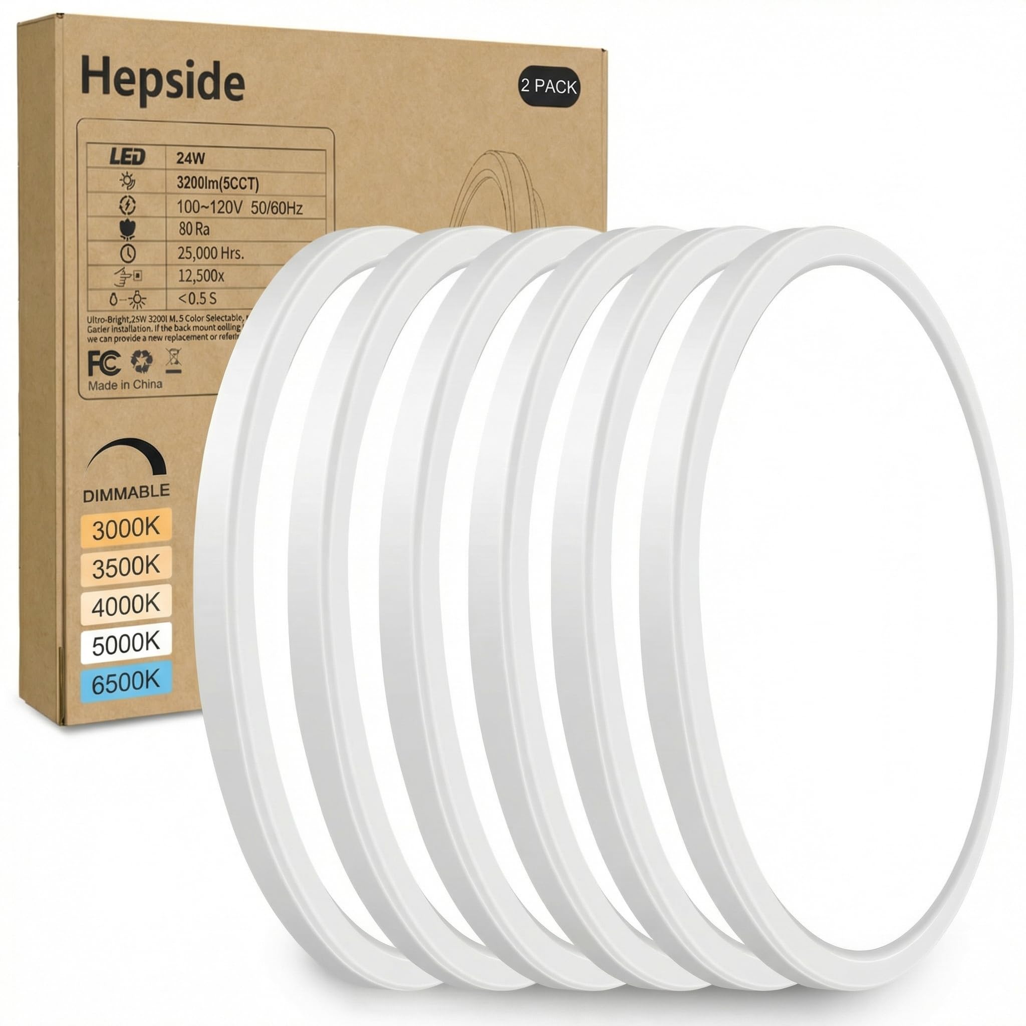 hepside 2Pack LED Flush Mount Ceiling Light Fixture, 12Inch 24W, Dimmable&3000K/3500K/4000K/5000K/6500K Adjustable Low Profile Ceiling Lights, White Round Flat Ceiling Light for Closet,Kitchen,Hallway