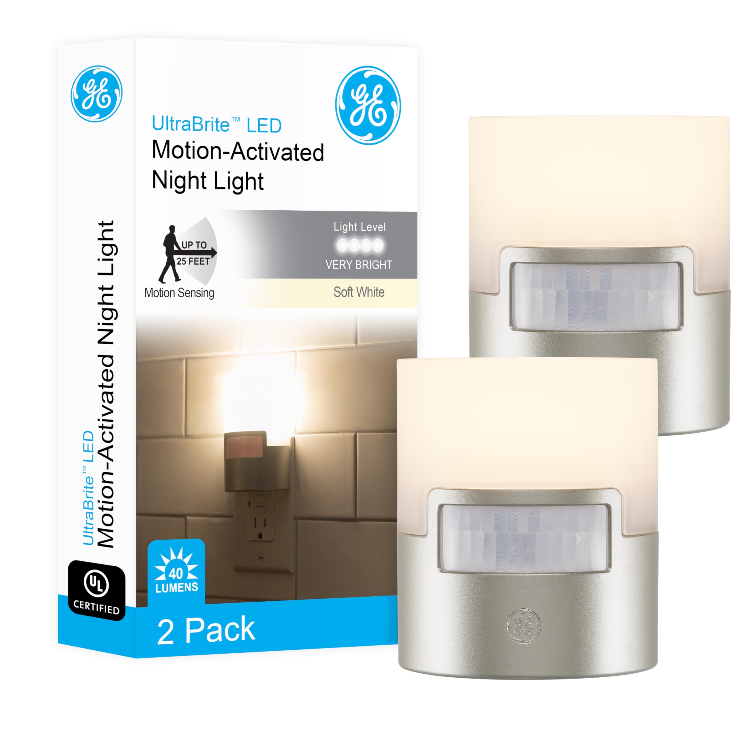 GE LED Motion Sensor Night Light, Plug into wall, 40 Lumens, Soft White, UL-Certified, Energy Efficient, Ideal Nightlight for Bedroom, Bathroom, Kitchen, Hallway, 46632, White, 2 Pack