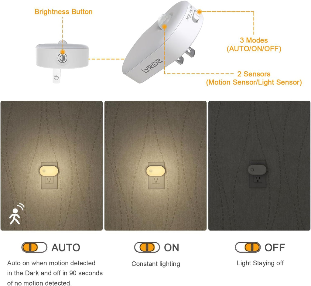 Lyridz 120LM Ultra Bright Plug-in Motion Sensor Night Light, Stepless Dimmable LED Nightlight, Always-On and Auto-Off, for Hallway, Stairs, Bathroom, Bedroom, Garage, Warm White (6-Pack)