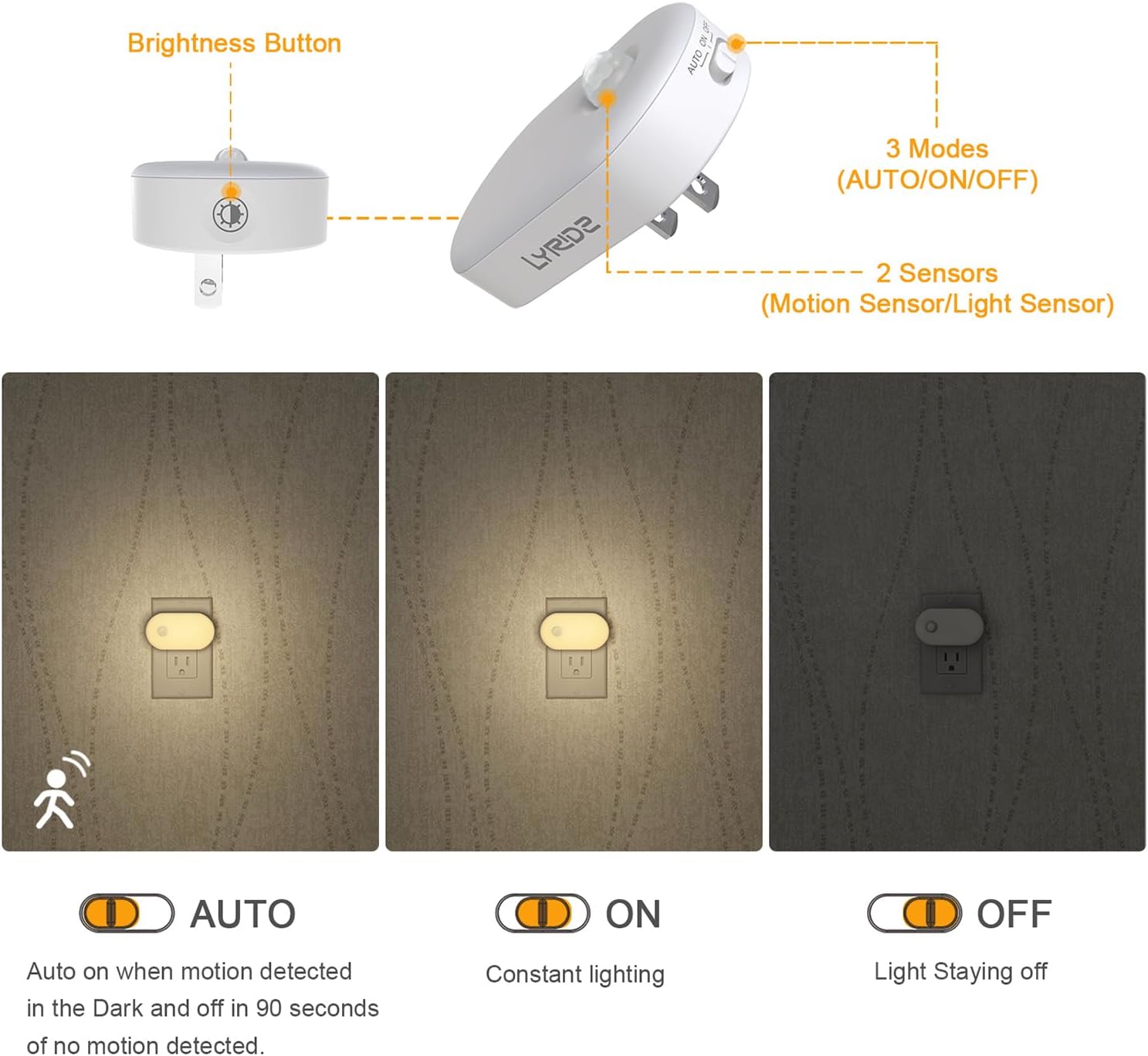 Lyridz 120LM Ultra Bright Plug-in Motion Sensor Night Light, Stepless Dimmable LED Nightlight, Always-On and Auto-Off, for Hallway, Stairs, Bathroom, Bedroom, Garage, Warm White (6-Pack)