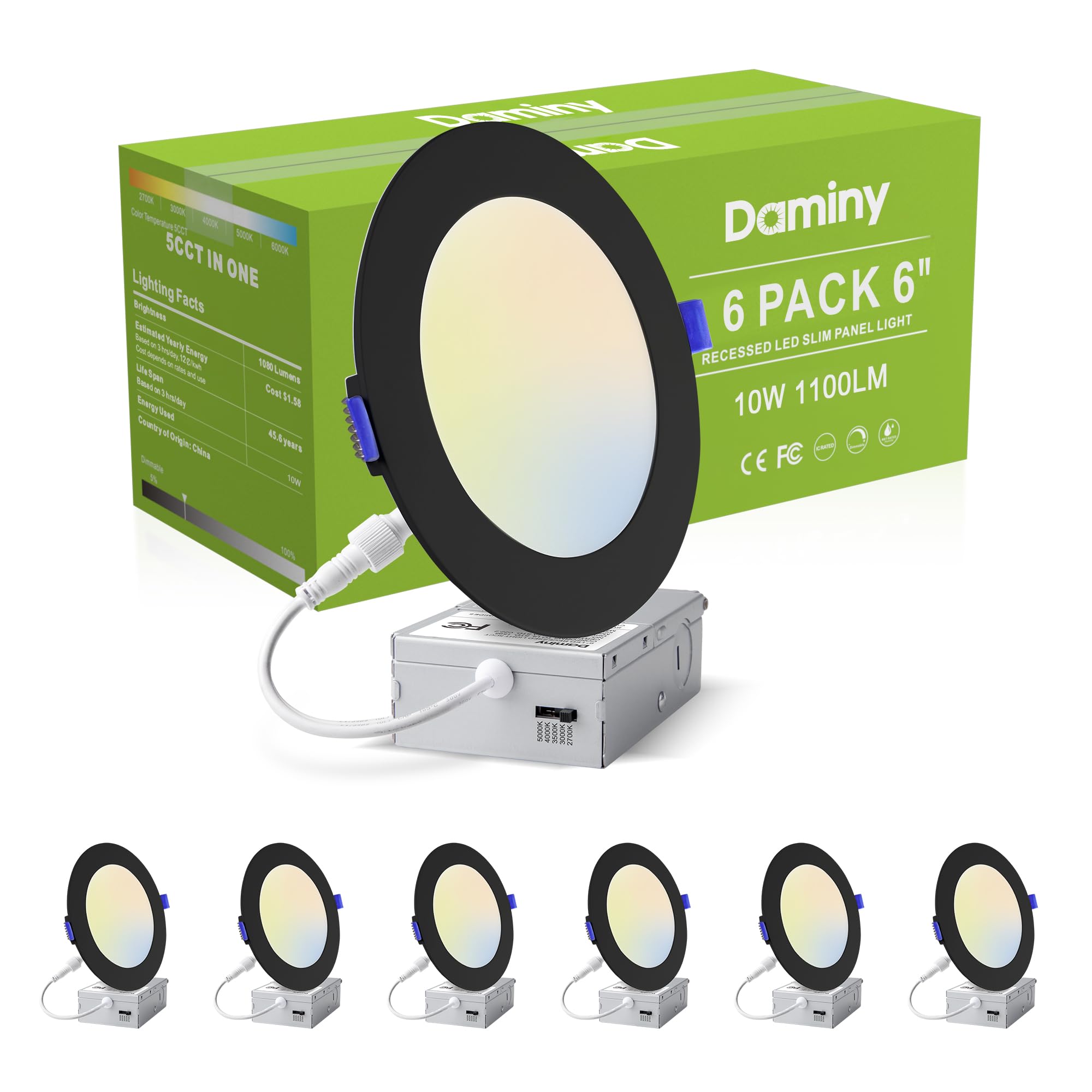 DAMINY 24 Pack 6 Inch LED Recessed Lighting with Junction Box,5CCT,Ultra-Thin Recessed Light,10W 1100LM, Dimmable Canless Wafer Ceiling Light, High Brightness