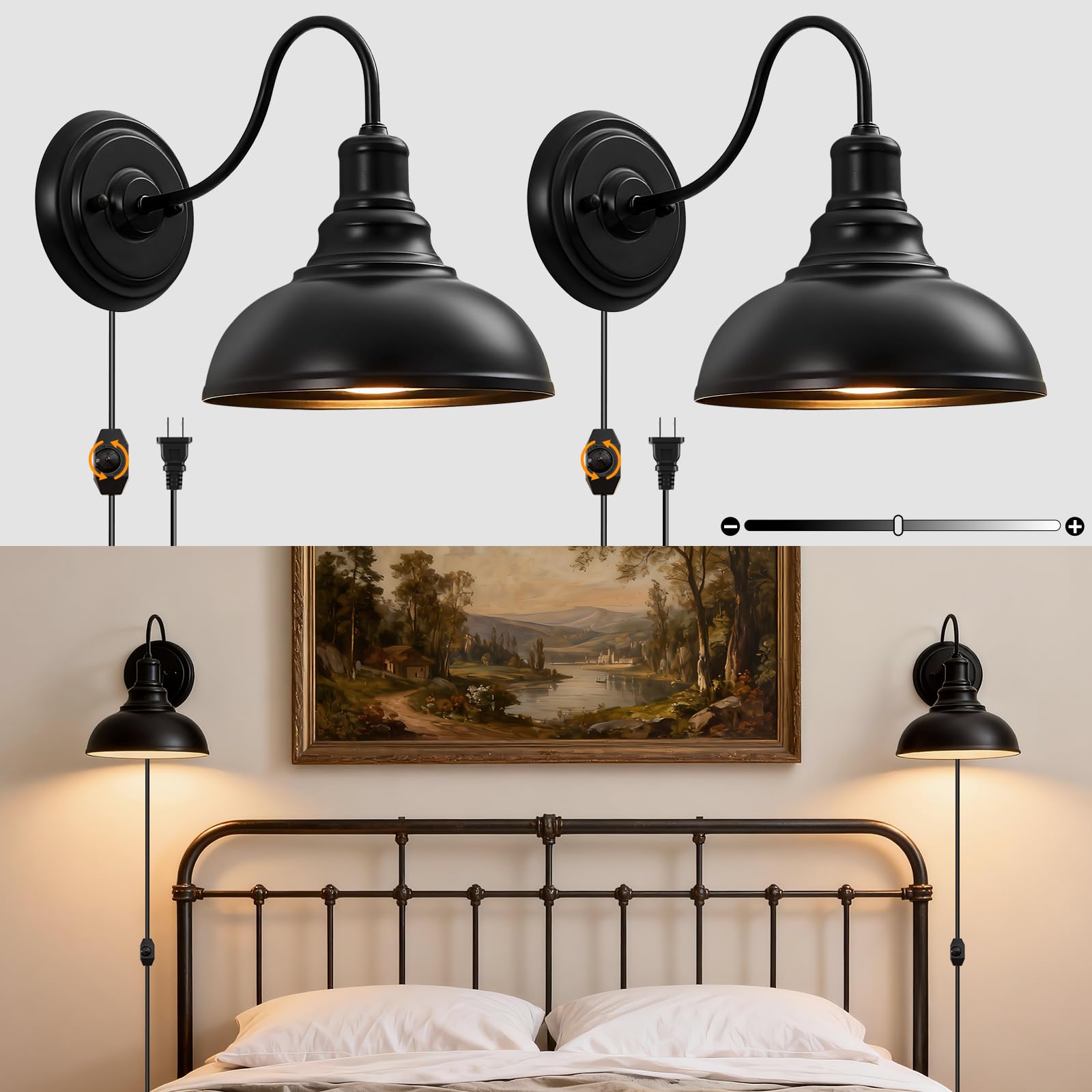 Lightess Dimmable Wall Sconces with Switch, Industrial Gooseneck Wall Light with Dimmer, Black Wall Mounted Bedside Lamps Set of Two