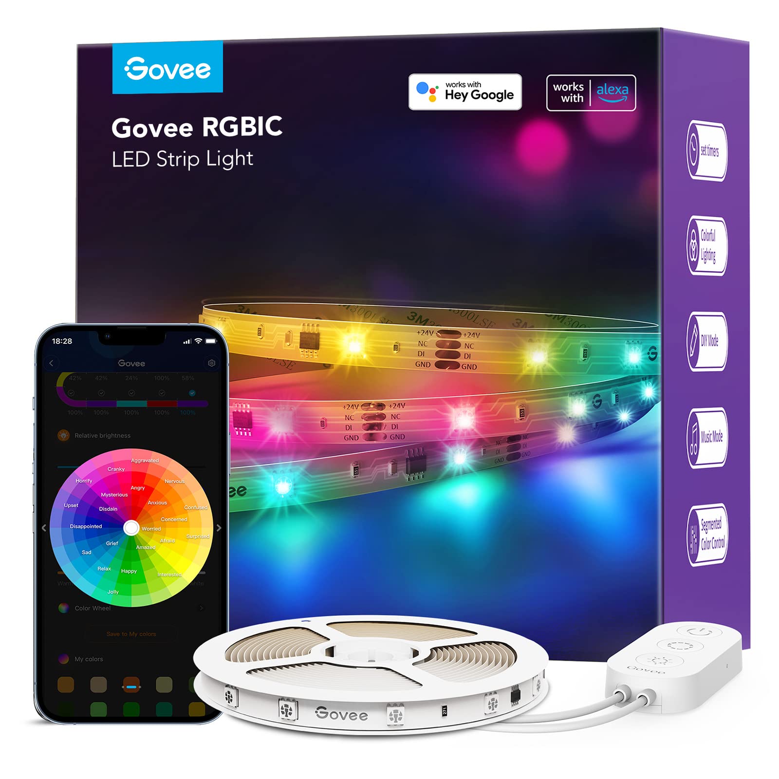 Govee 100ft RGBIC LED Strip Lights, Smart LED Lights Work with Alexa and Google Assistant, LED Lights for Bedroom WiFi App Control Segmented DIY Multiple Colors, Color Changing Light, (2 x 50ft)