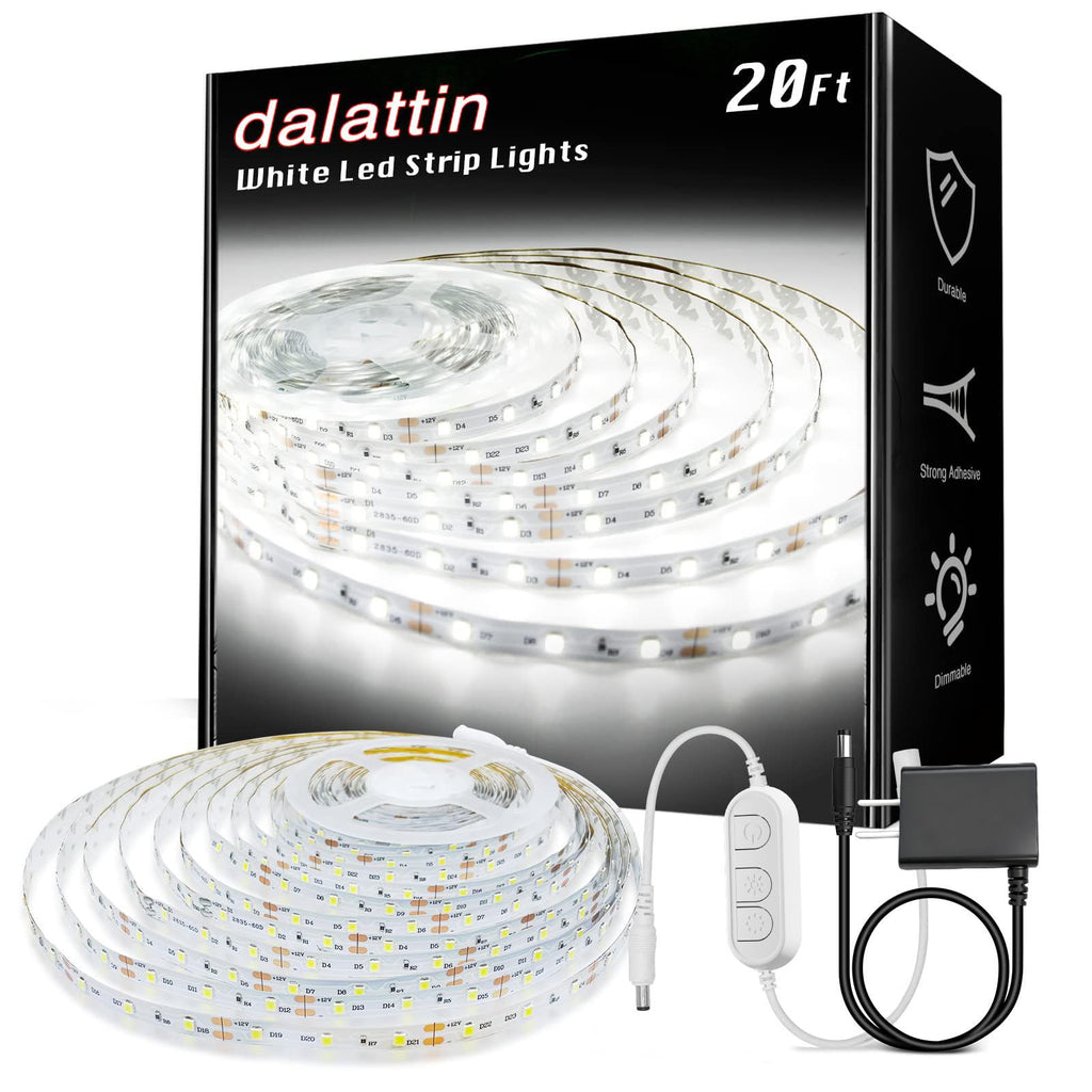dalattin White LED Strip Lights, 20ft Dimmable Super Bright 24V Led Tape Light 6500K 360 LEDs Lights for Bedrooms, Mirror, Kitchen, Home Decoration Daylight White