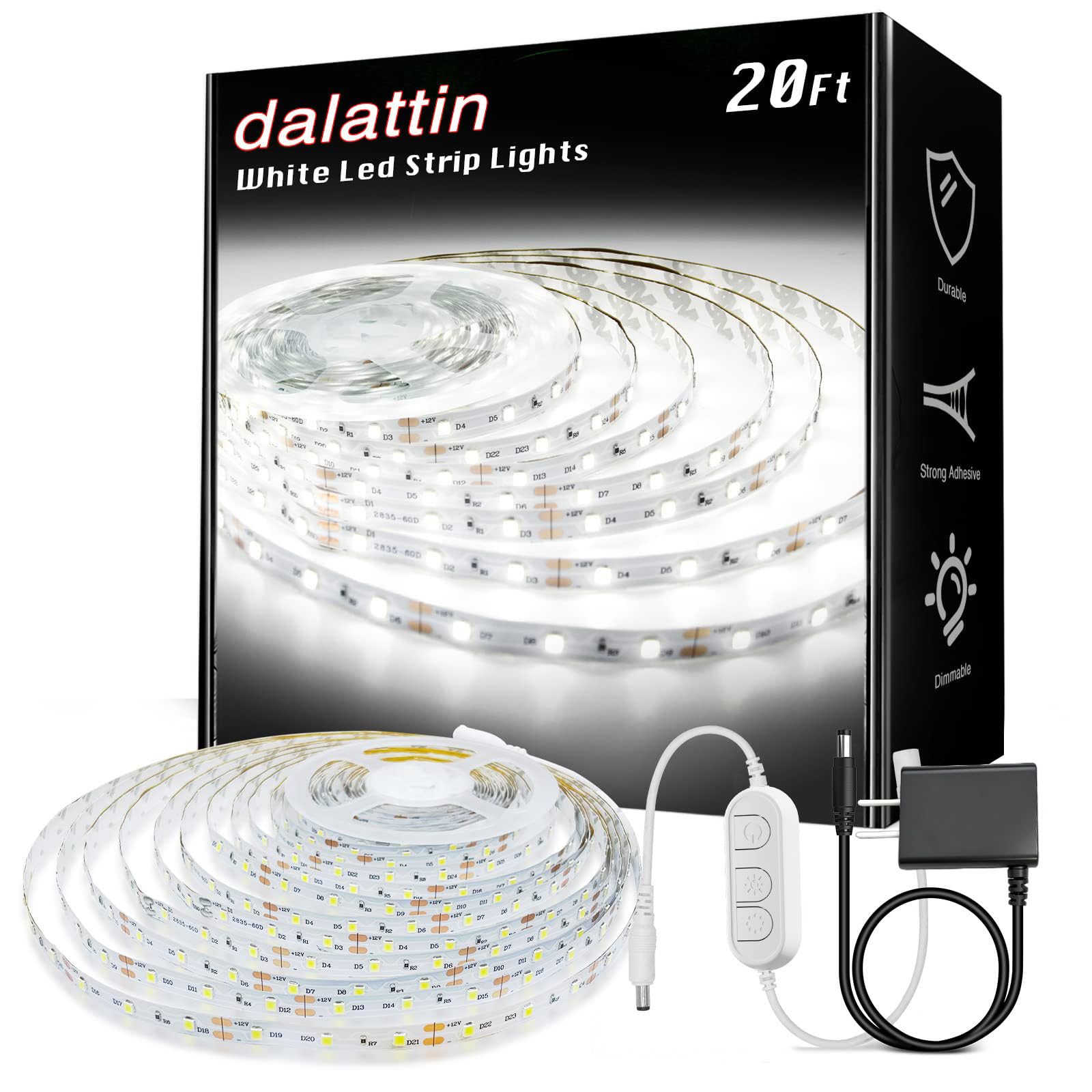 dalattin White LED Strip Lights, 20ft Dimmable Super Bright 24V Led Tape Light 6500K 360 LEDs Lights for Bedrooms, Mirror, Kitchen, Home Decoration Daylight White
