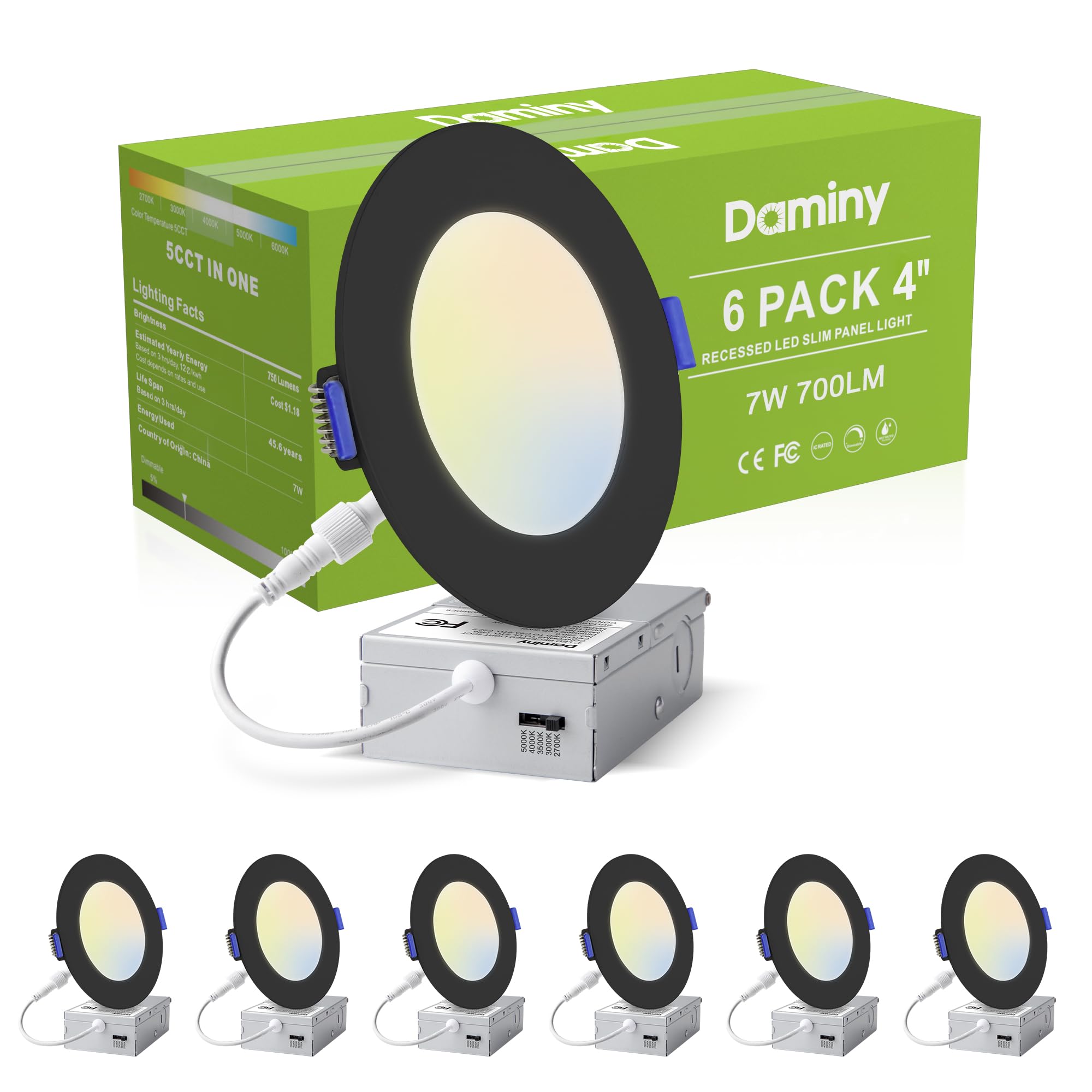 DAMINY 24 Pack 6 Inch LED Recessed Lighting with Junction Box,5CCT,Ultra-Thin Recessed Light,10W 1100LM, Dimmable Canless Wafer Ceiling Light, High Brightness