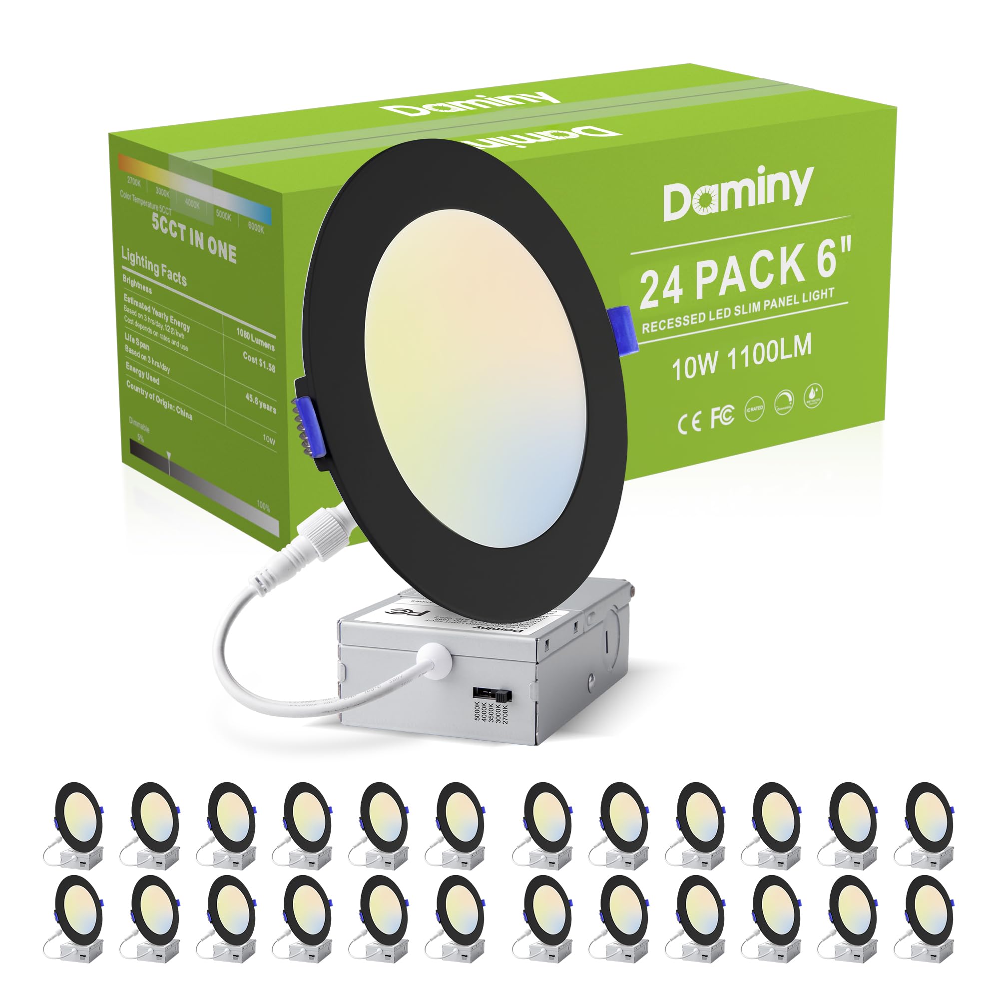 DAMINY 24 Pack 6 Inch LED Recessed Lighting with Junction Box,5CCT,Ultra-Thin Recessed Light,10W 1100LM, Dimmable Canless Wafer Ceiling Light, High Brightness
