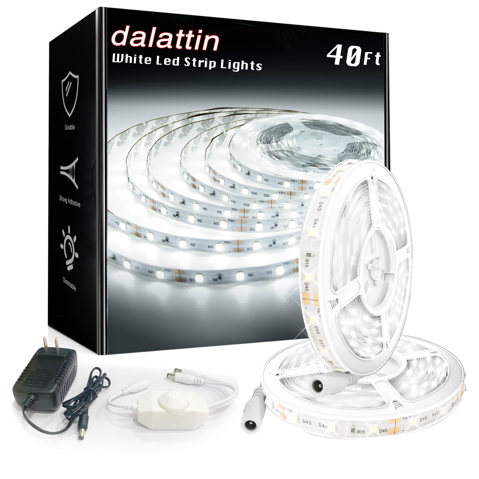 dalattin White LED Strip Lights, 20ft Dimmable Super Bright 24V Led Tape Light 6500K 360 LEDs Lights for Bedrooms, Mirror, Kitchen, Home Decoration Daylight White