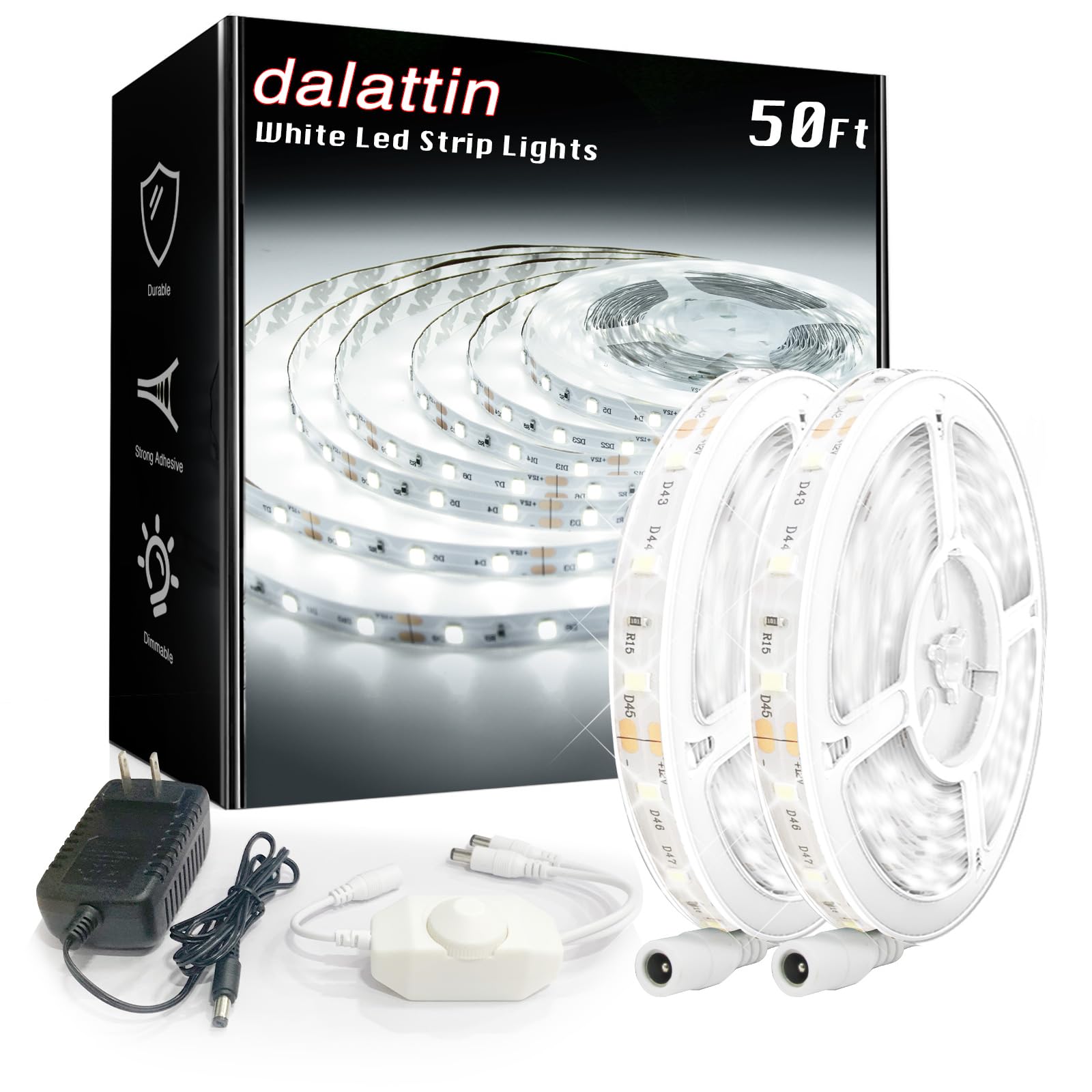 dalattin White LED Strip Lights, 20ft Dimmable Super Bright 24V Led Tape Light 6500K 360 LEDs Lights for Bedrooms, Mirror, Kitchen, Home Decoration Daylight White
