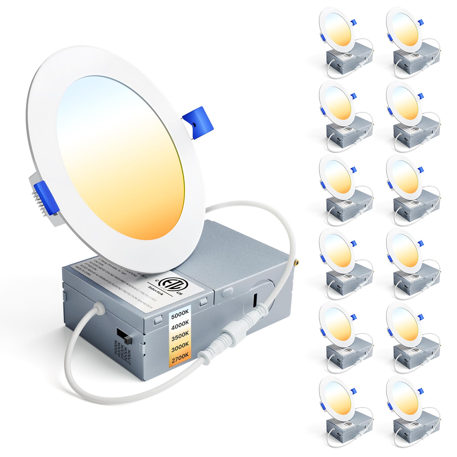 Ensenior 12 Pack 6 Inch LED Recessed Ceiling Light, Dimmable, 2700K-5000K 5CCT, 1200LM 12W 120V, High Brightness Canless Wafer Downlight - ETL&FCC&IC