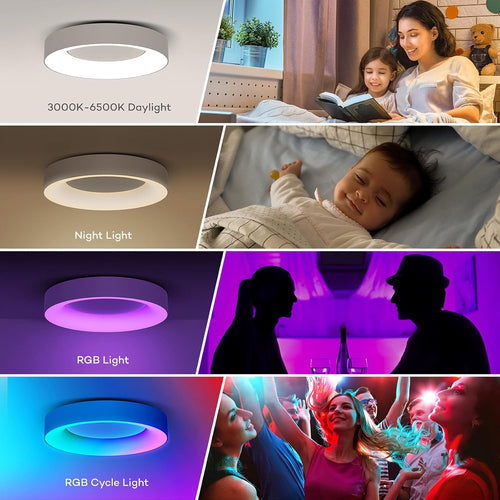 Annaror RGB Flush Mount Ceiling Light with Remote Control, 2400LM Dimmable Ceiling Light Fixture, 3000K-6500K Modern Low Profile Ceiling Lights for Bedroom Kids Room, 11in White