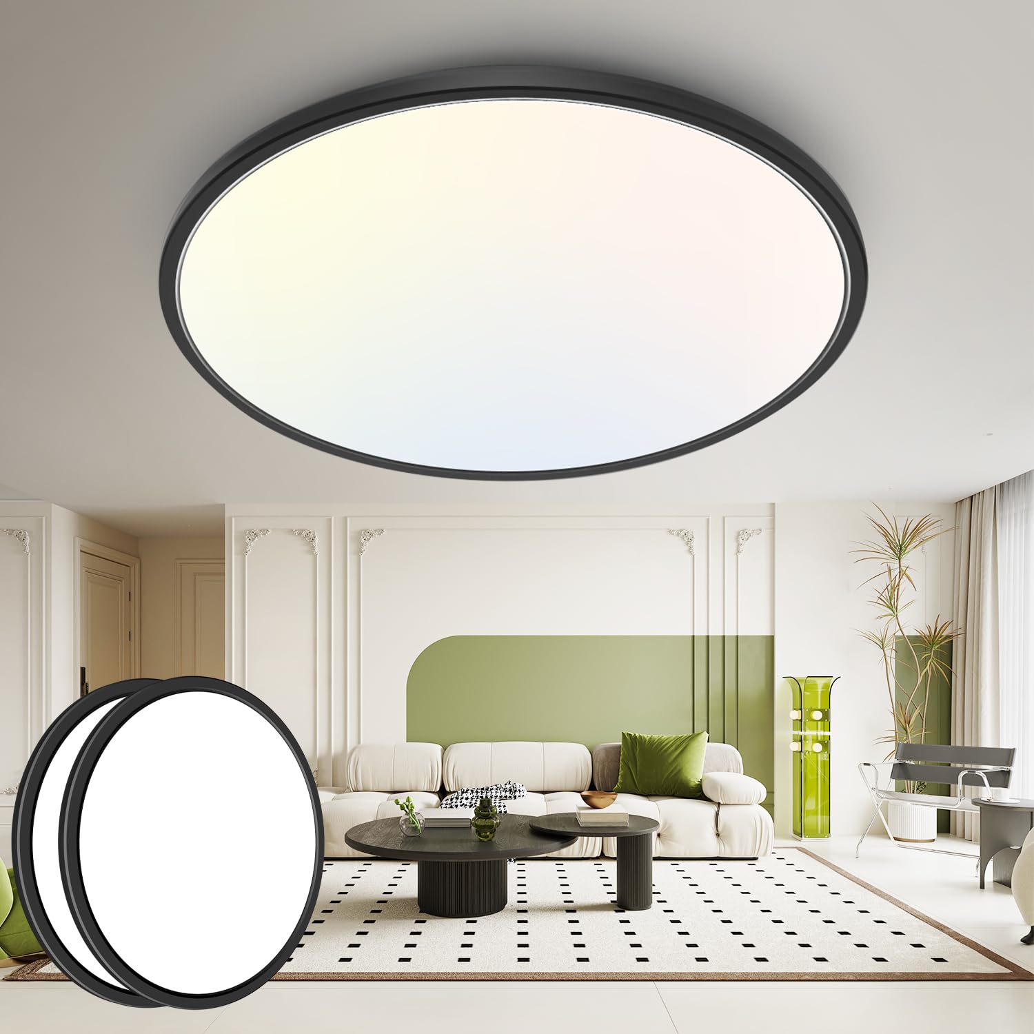 2PACK Flush Mount LED Ceiling Light Fixture Black, 12Inch 28Watt, Dimmable & 3000K-4500K-6000K 3 Color Selectable Ceiling Lamp 3200LM Low Profile Ceiling Light for Kitchen Bedroom Hallway Porch