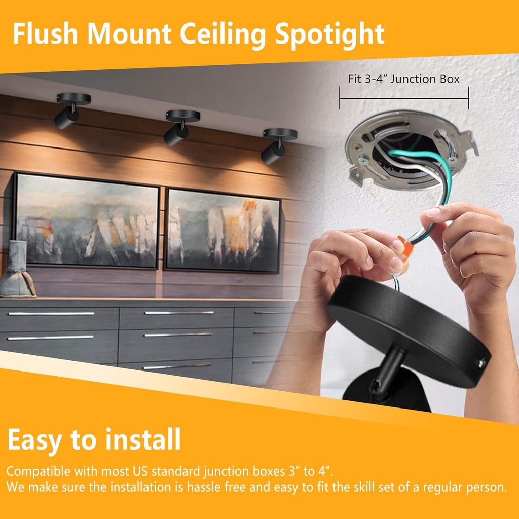 VANoopee Flush Mount LED Ceiling Spotlight Dimmable Adjustable Spotlight Directional Spot Lights Indoor Bright Can Accent Fixture for Living Room Bedroom - CRI90 Flicker Free 10W 800lm 3000K Black