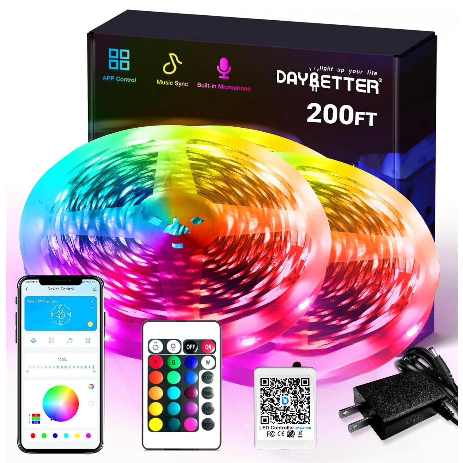 DAYBETTER LED Strip Lights 130ft Lights Strip for Bedroom, Desk, Indoor Room Bedroom Brithday Gifts RGB Decor with Remote and 24V Power Supply