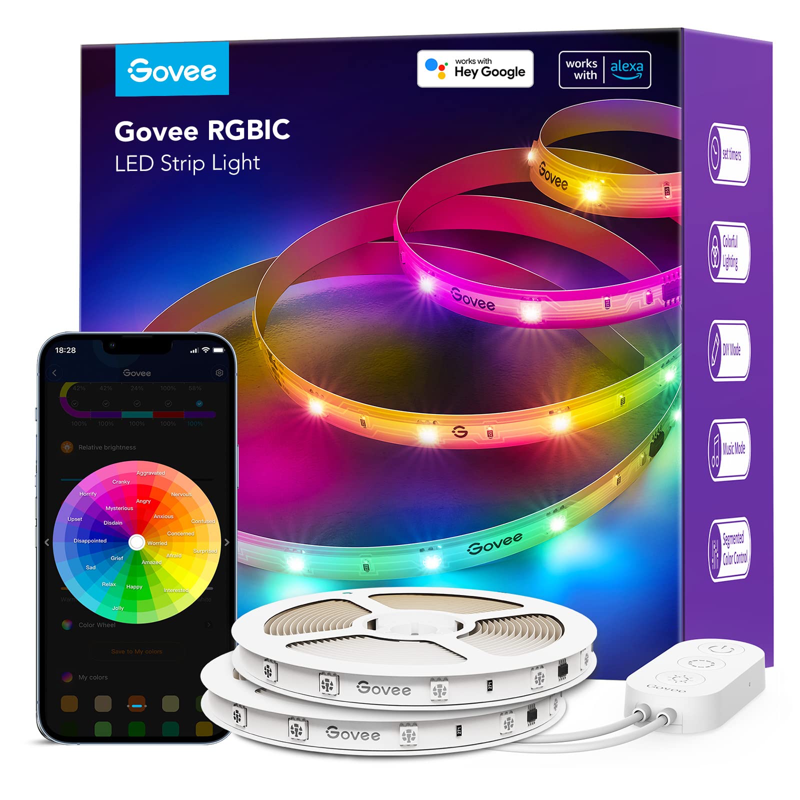 Govee 100ft RGBIC LED Strip Lights, Smart LED Lights Work with Alexa and Google Assistant, LED Lights for Bedroom WiFi App Control Segmented DIY Multiple Colors, Color Changing Light, (2 x 50ft)