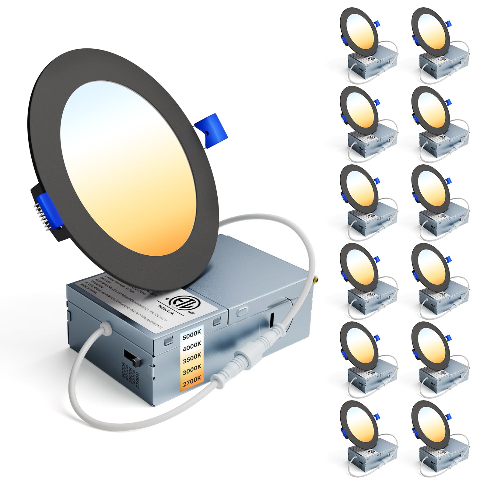 Ensenior 12 Pack 6 Inch LED Recessed Ceiling Light, Dimmable, 2700K-5000K 5CCT, 1200LM 12W 120V, High Brightness Canless Wafer Downlight - ETL&FCC&IC