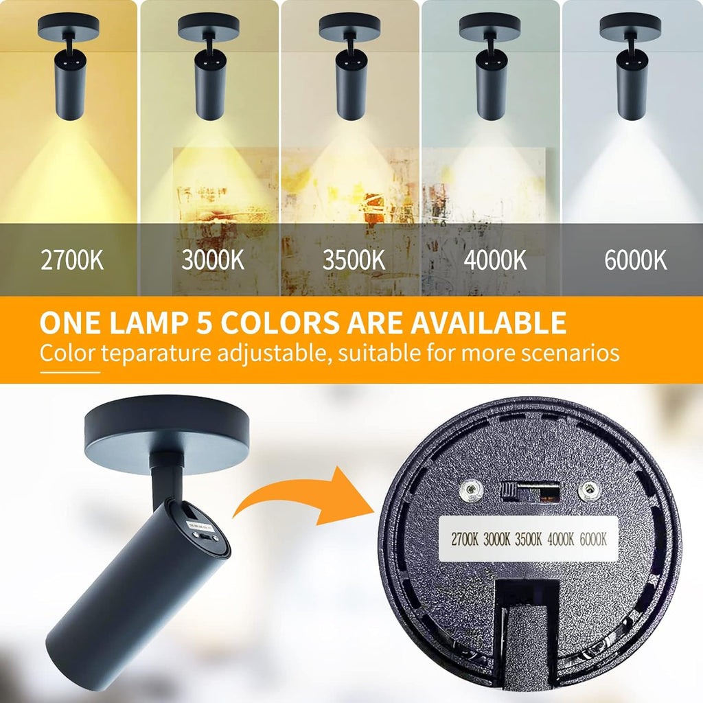 Spotlight 1 Pack 12W Spot Light Indoor 5CCT 2700K-6000K Selectable Dimmable LED Flush Mount Ceiling Spot Lights Directional Spotlights,Black,Adjustable Tilt Angle Accent Lighting