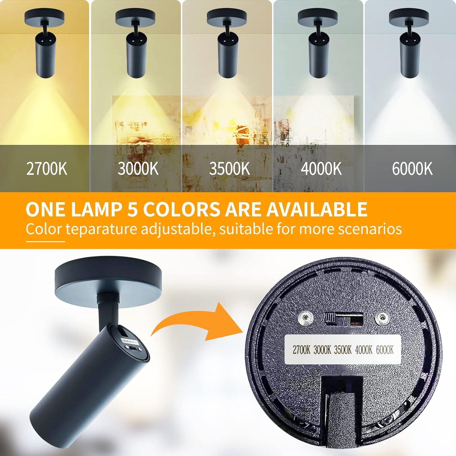 Spotlight 1 Pack 12W Spot Light Indoor 5CCT 2700K-6000K Selectable Dimmable LED Flush Mount Ceiling Spot Lights Directional Spotlights,Black,Adjustable Tilt Angle Accent Lighting