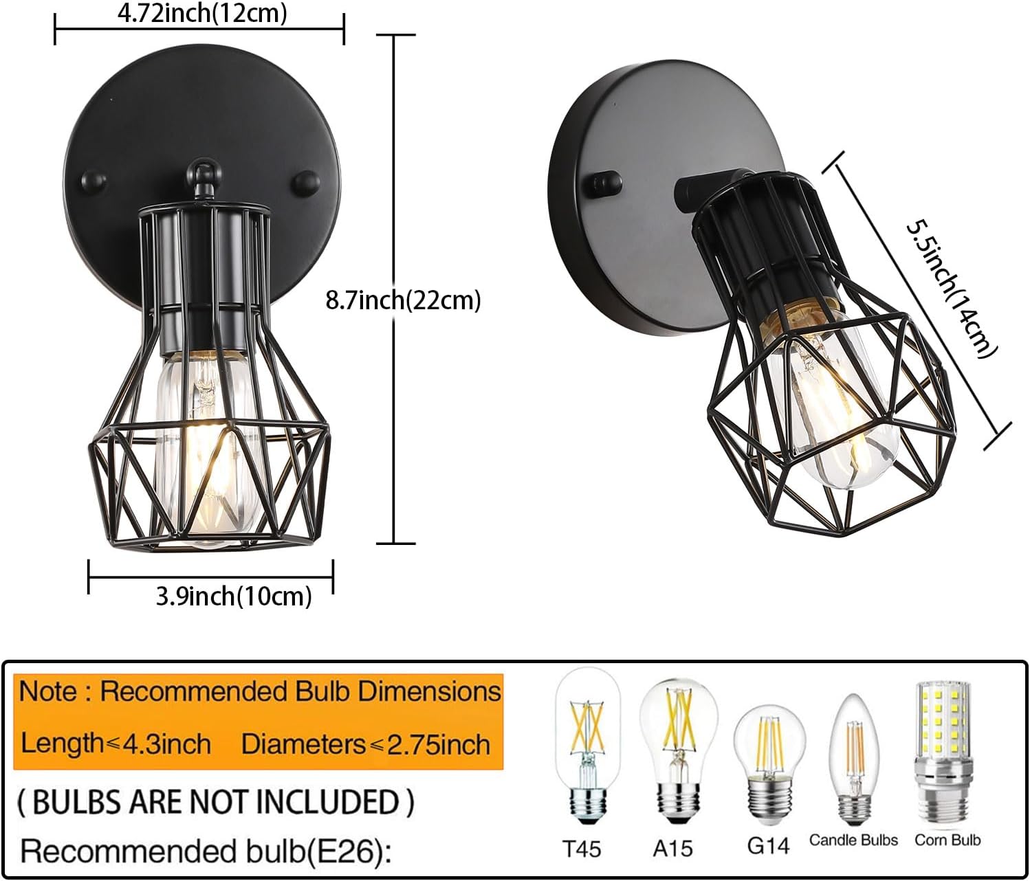Industrial Hardwired Wall Sconces Set of Two, Small Farmhouse Wire Cage Wall Lighting Sconce, Wall Lights for Living Room Bedroom Bathroom Hallway
