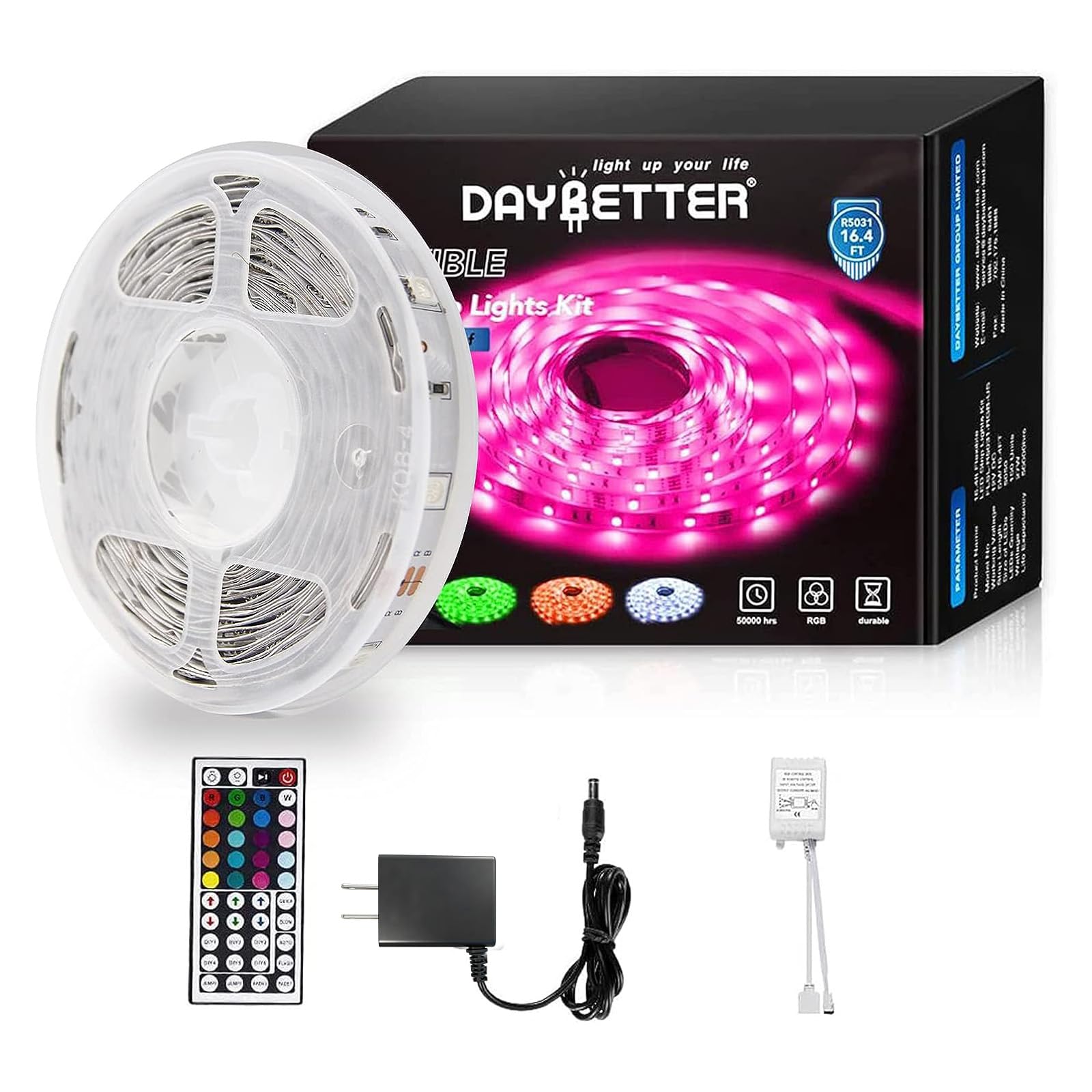 DAYBETTER Led Strip Lights 32.8ft Kit with Remote and Power Supply Color Changing