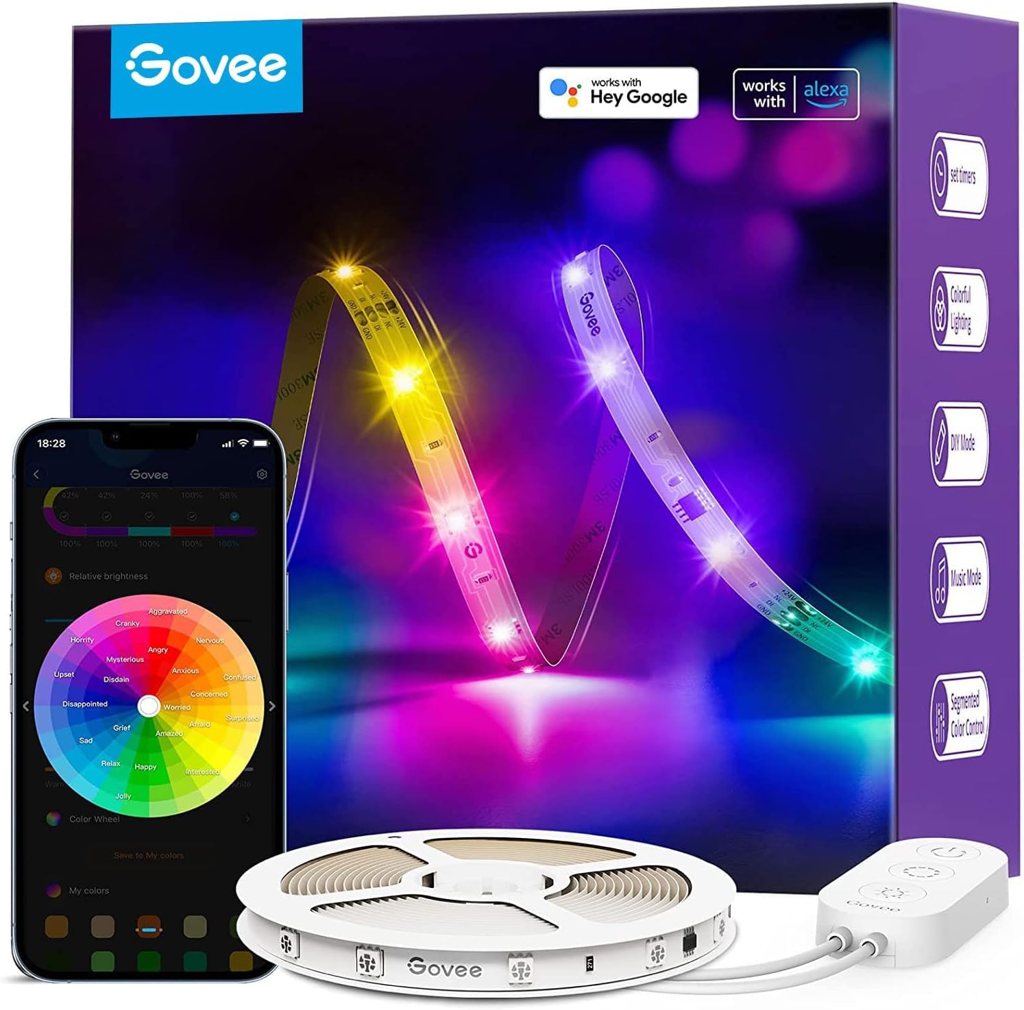 Govee 100ft RGBIC LED Strip Lights, Smart LED Lights Work with Alexa and Google Assistant, LED Lights for Bedroom WiFi App Control Segmented DIY Multiple Colors, Color Changing Light, (2 x 50ft)