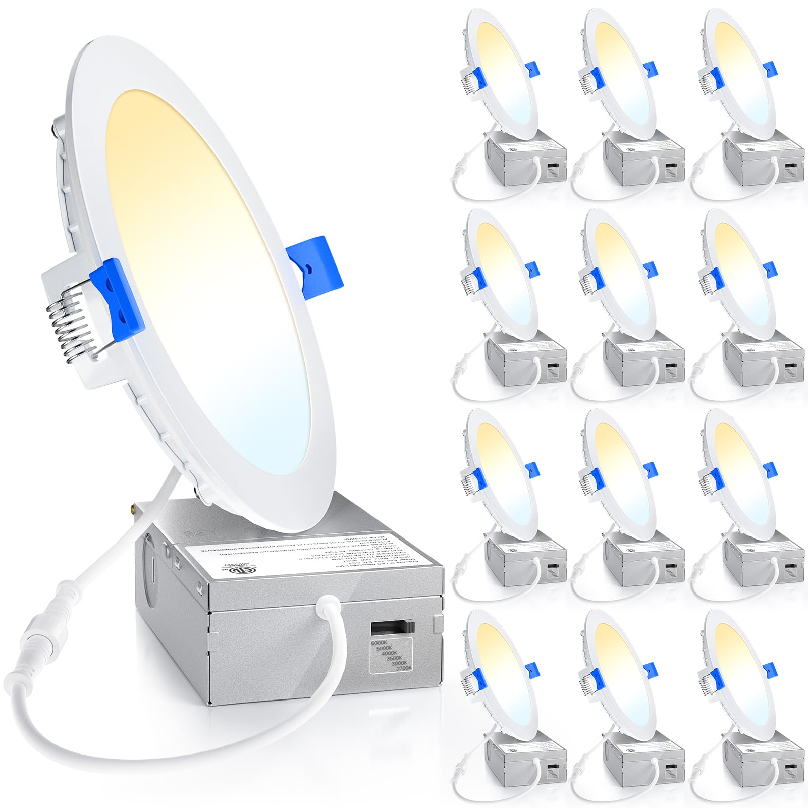 Ensenior 12 Pack 6 Inch LED Recessed Ceiling Light, Dimmable, 2700K-5000K 5CCT, 1200LM 12W 120V, High Brightness Canless Wafer Downlight - ETL&FCC&IC