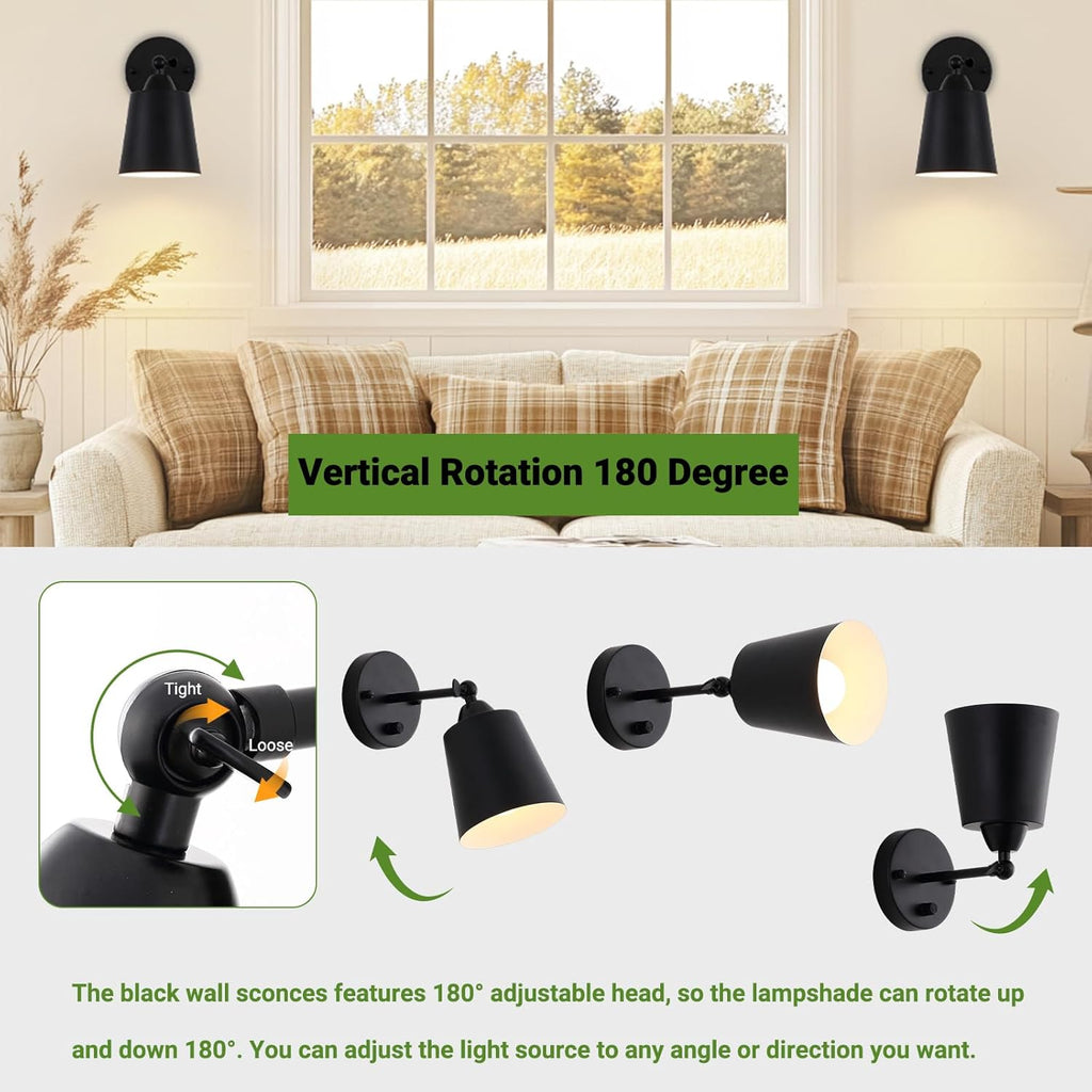 Dimmable Wall Sconces Set of Two, Bedside Wall Mount Lamp with Rotary Switch, Black Bathroom Vanity Lights with Metal Shade, Hardwired Swing Arm Wall Lights for Bedroom Living Room Hallway