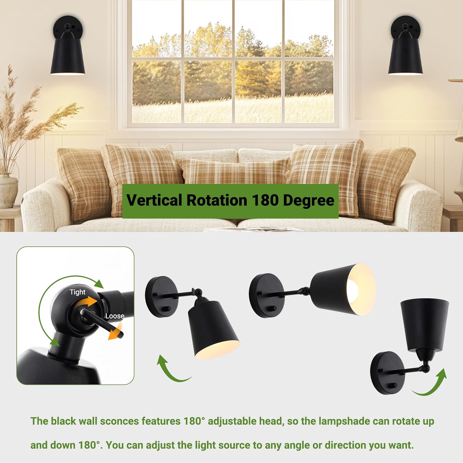 Dimmable Wall Sconces Set of Two, Bedside Wall Mount Lamp with Rotary Switch, Black Bathroom Vanity Lights with Metal Shade, Hardwired Swing Arm Wall Lights for Bedroom Living Room Hallway
