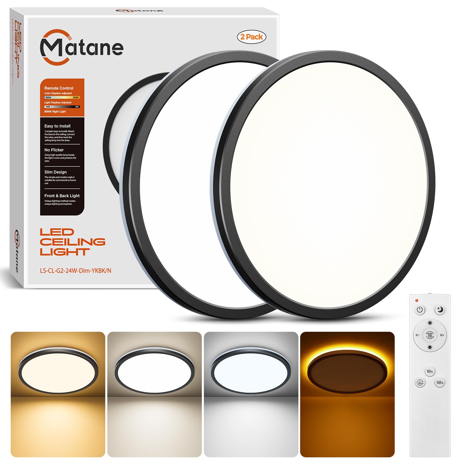 Matane 12in LED Flush Mount Ceiling Light Fixture with Remote Control, Nightlight 2000K Warm, 3000K-6500K Adjustable, Low Profile Ceiling Lights for Bedroom, Kitchen, Living Room, Black