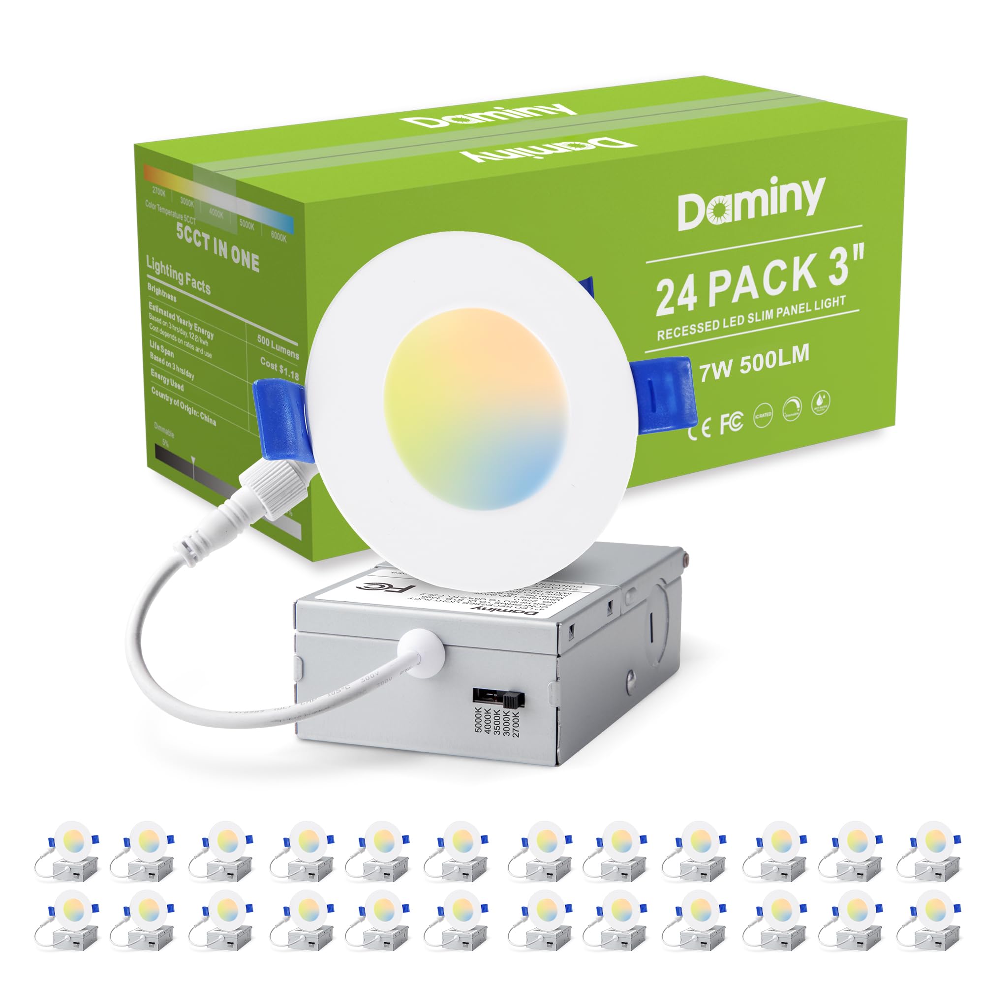 DAMINY 24 Pack 6 Inch LED Recessed Lighting with Junction Box,5CCT,Ultra-Thin Recessed Light,10W 1100LM, Dimmable Canless Wafer Ceiling Light, High Brightness