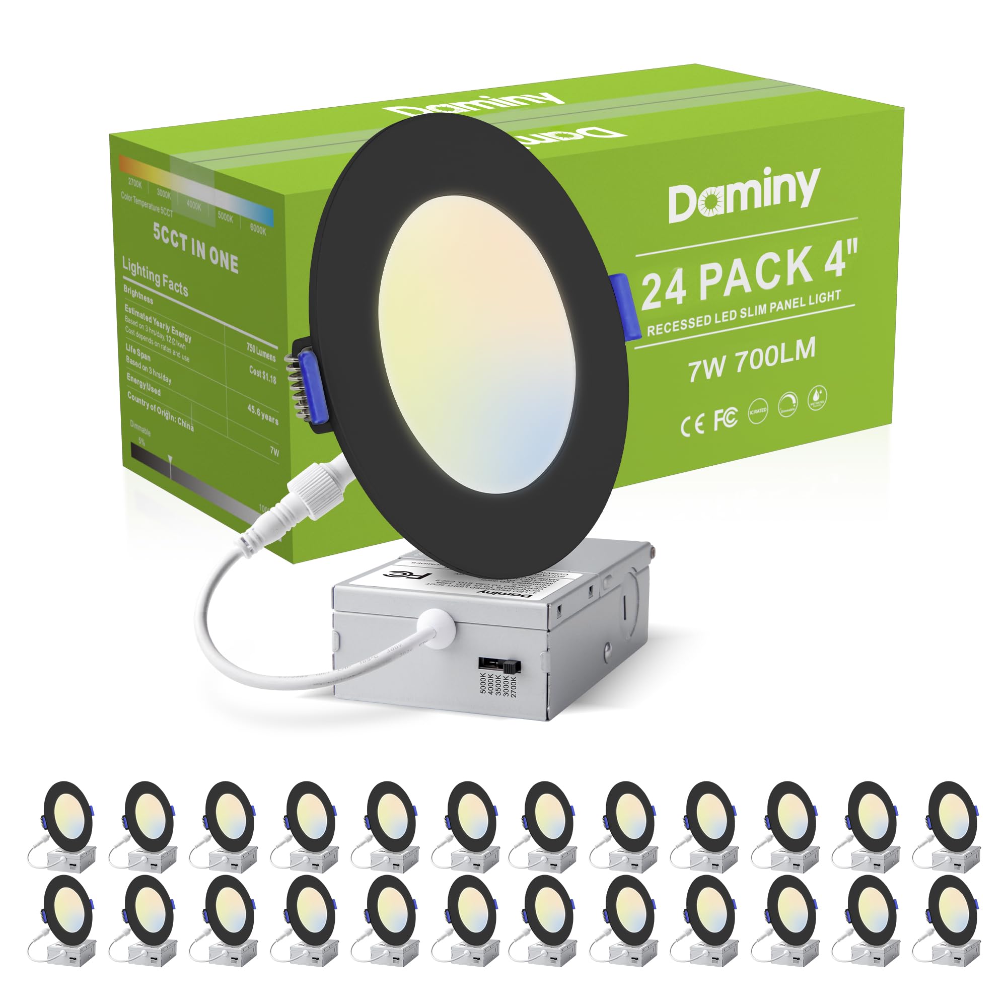 DAMINY 24 Pack 6 Inch LED Recessed Lighting with Junction Box,5CCT,Ultra-Thin Recessed Light,10W 1100LM, Dimmable Canless Wafer Ceiling Light, High Brightness