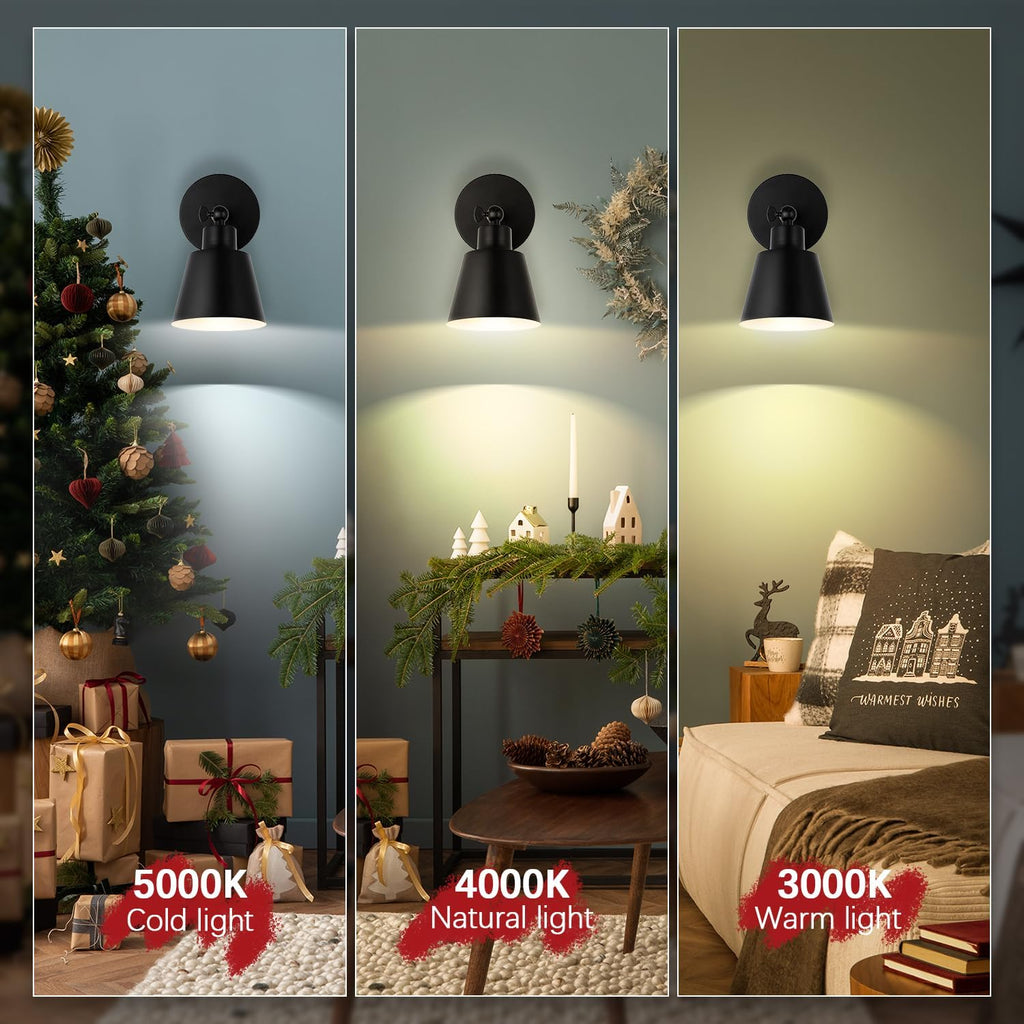 Battery Operated Black Faux-Wood Industrial Wall Sconce Set of Two, Easy to Install Not Wires, Remote Control Dimmable LED Light Bulb, Dimmable Wall Lamp Fixtures for Indoor Bedroom Farmhouse Gallery