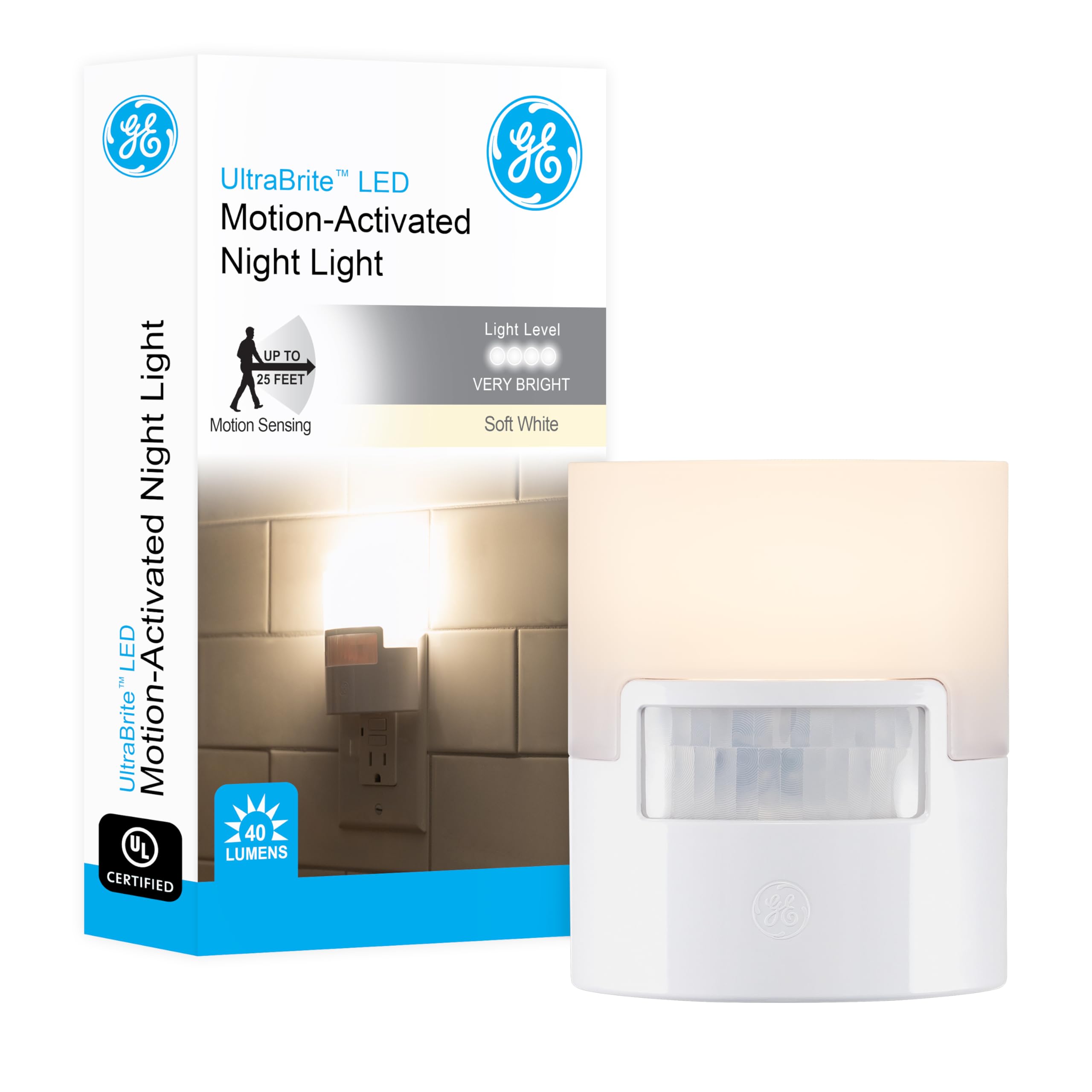 GE LED Motion Sensor Night Light, Plug into wall, 40 Lumens, Soft White, UL-Certified, Energy Efficient, Ideal Nightlight for Bedroom, Bathroom, Kitchen, Hallway, 46632, White, 2 Pack
