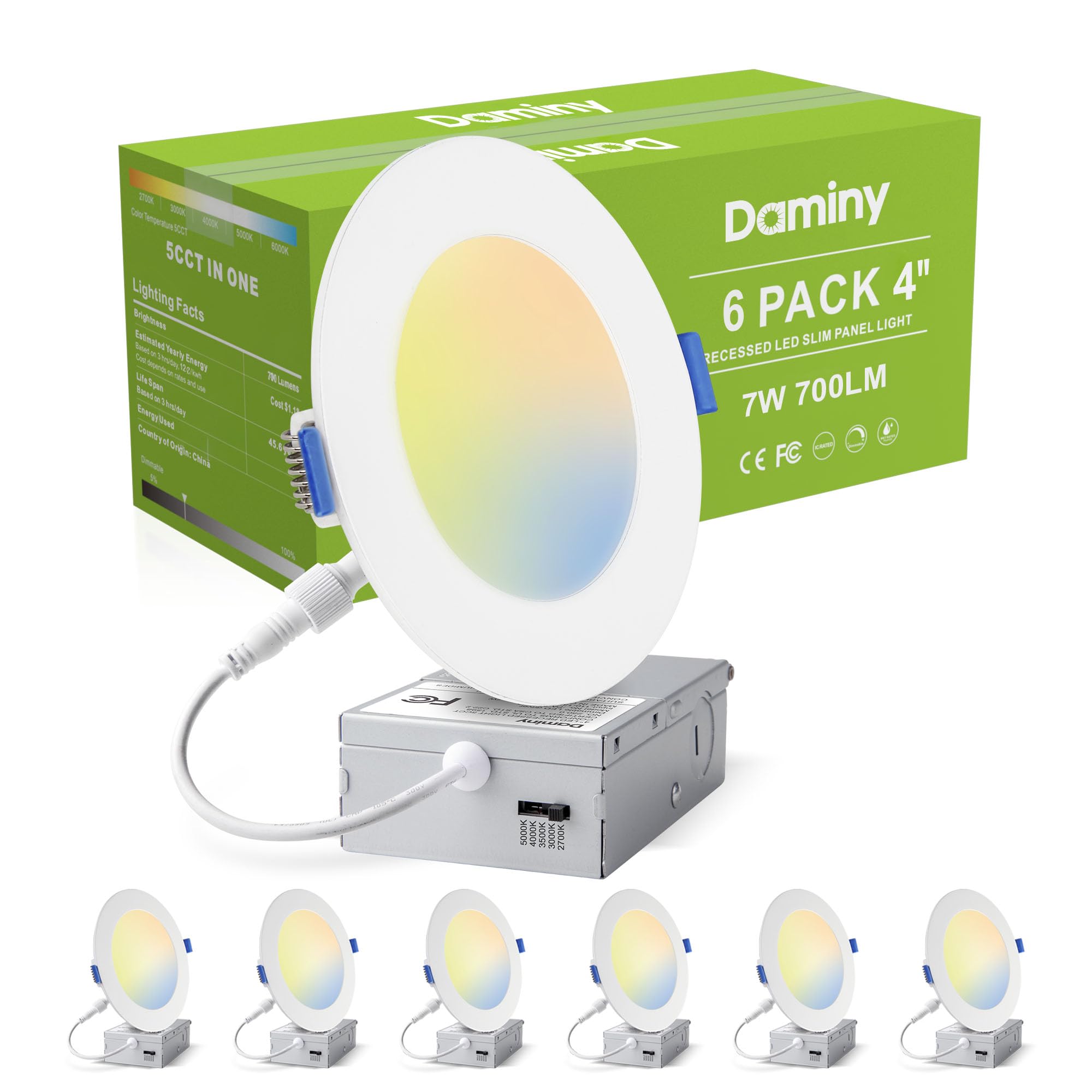 DAMINY 24 Pack 6 Inch LED Recessed Lighting with Junction Box,5CCT,Ultra-Thin Recessed Light,10W 1100LM, Dimmable Canless Wafer Ceiling Light, High Brightness