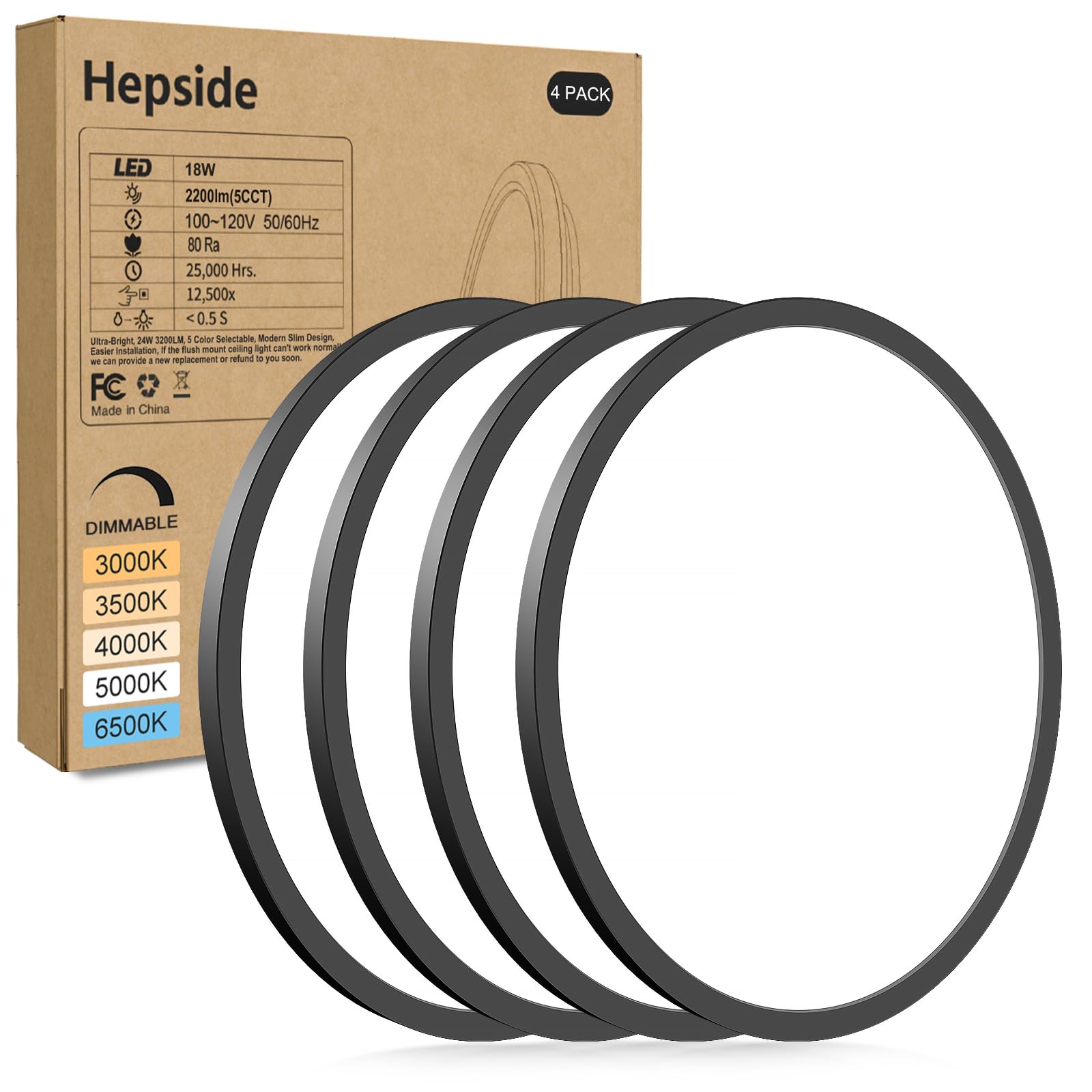 hepside 2Pack LED Flush Mount Ceiling Light Fixture, 12Inch 24W, Dimmable&3000K/3500K/4000K/5000K/6500K Adjustable Low Profile Ceiling Lights, White Round Flat Ceiling Light for Closet,Kitchen,Hallway