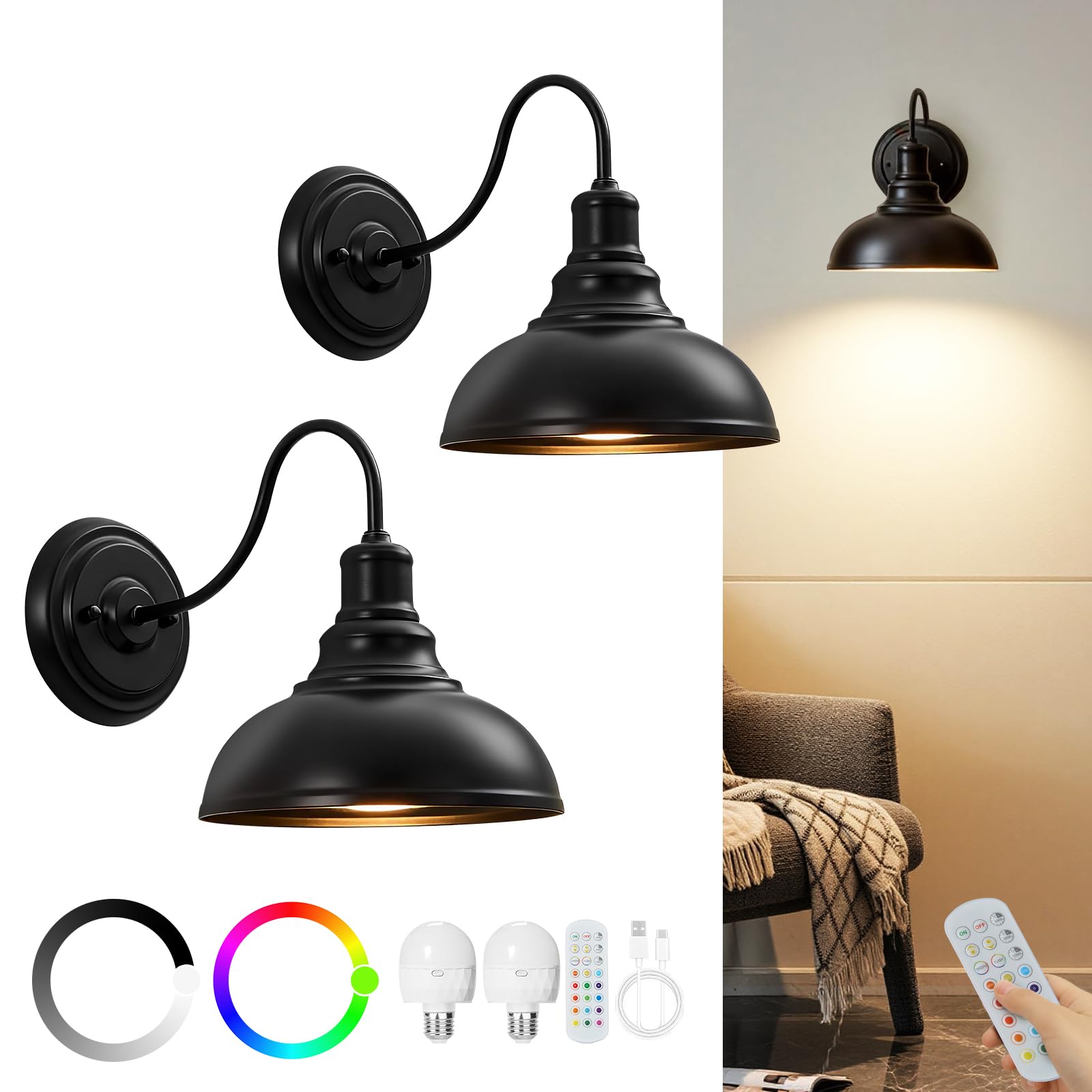 Lightess Dimmable Wall Sconces with Switch, Industrial Gooseneck Wall Light with Dimmer, Black Wall Mounted Bedside Lamps Set of Two