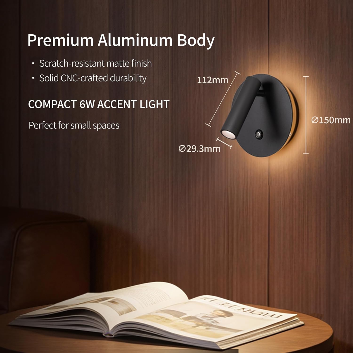 Aisilan Modern Dimmable LED Wall Sconce, 6W Adjustable Angle Bedside Wall Lamp with Touch Switch, Hardwired Indoor Wall Light for Bedroom, Living Room & Hallway