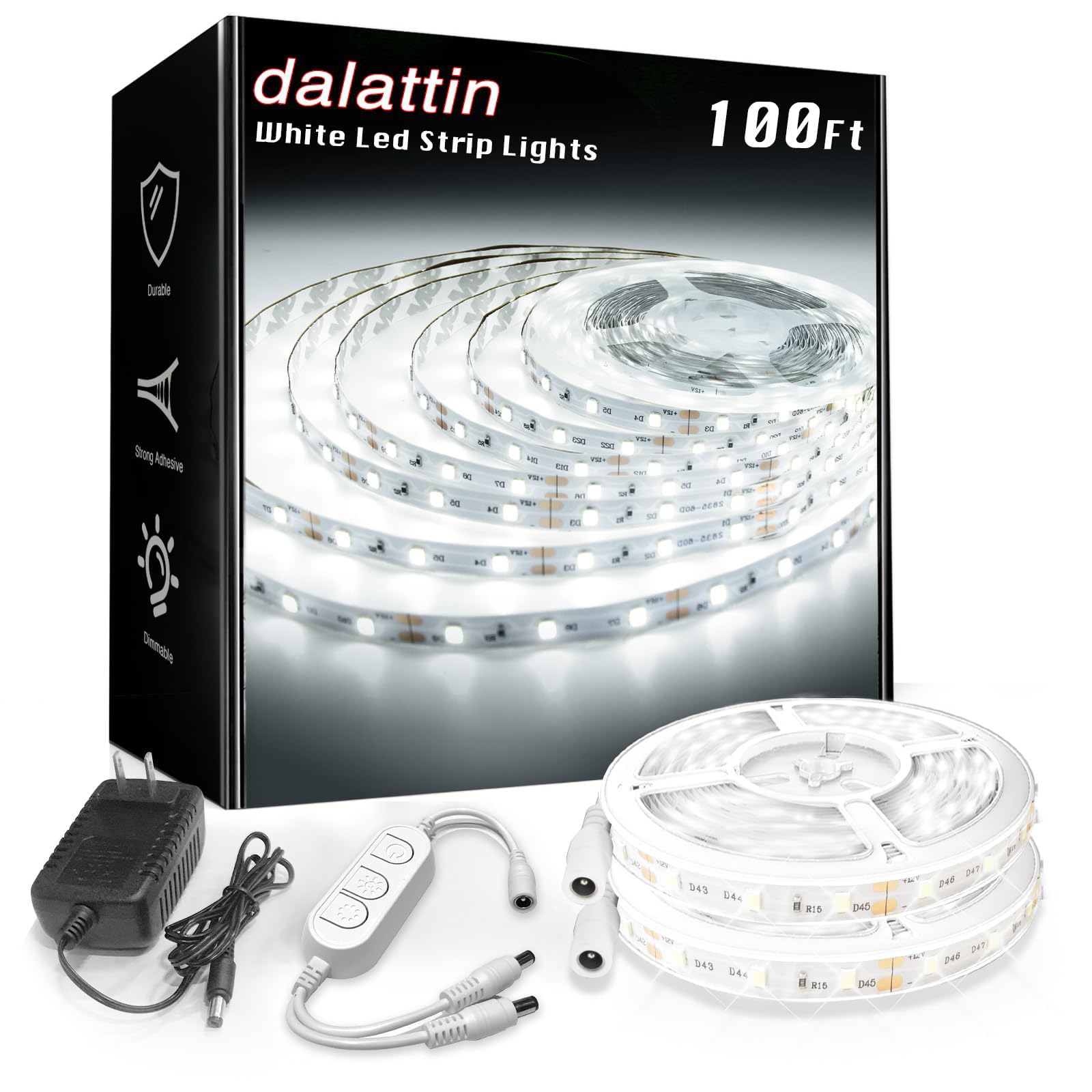 dalattin White LED Strip Lights, 20ft Dimmable Super Bright 24V Led Tape Light 6500K 360 LEDs Lights for Bedrooms, Mirror, Kitchen, Home Decoration Daylight White