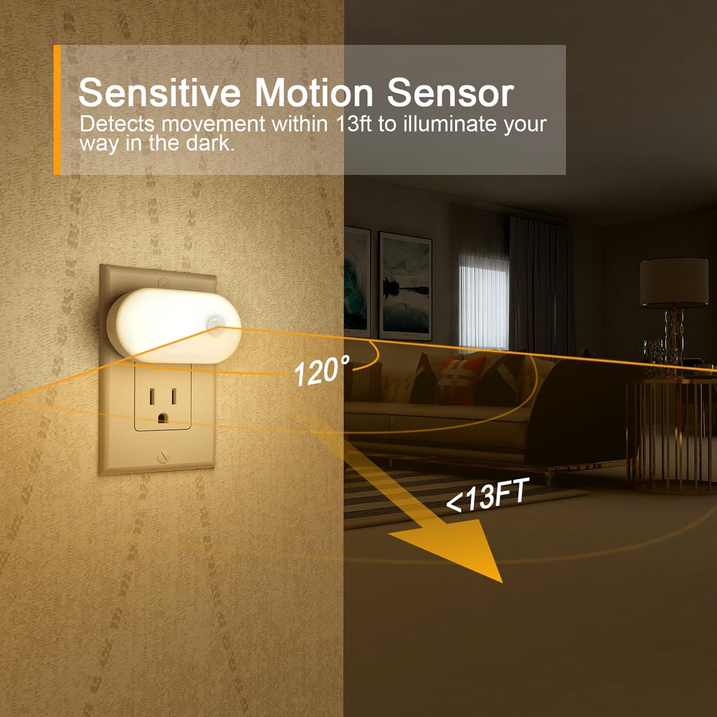 Lyridz 120LM Ultra Bright Plug-in Motion Sensor Night Light, Stepless Dimmable LED Nightlight, Always-On and Auto-Off, for Hallway, Stairs, Bathroom, Bedroom, Garage, Warm White (6-Pack)