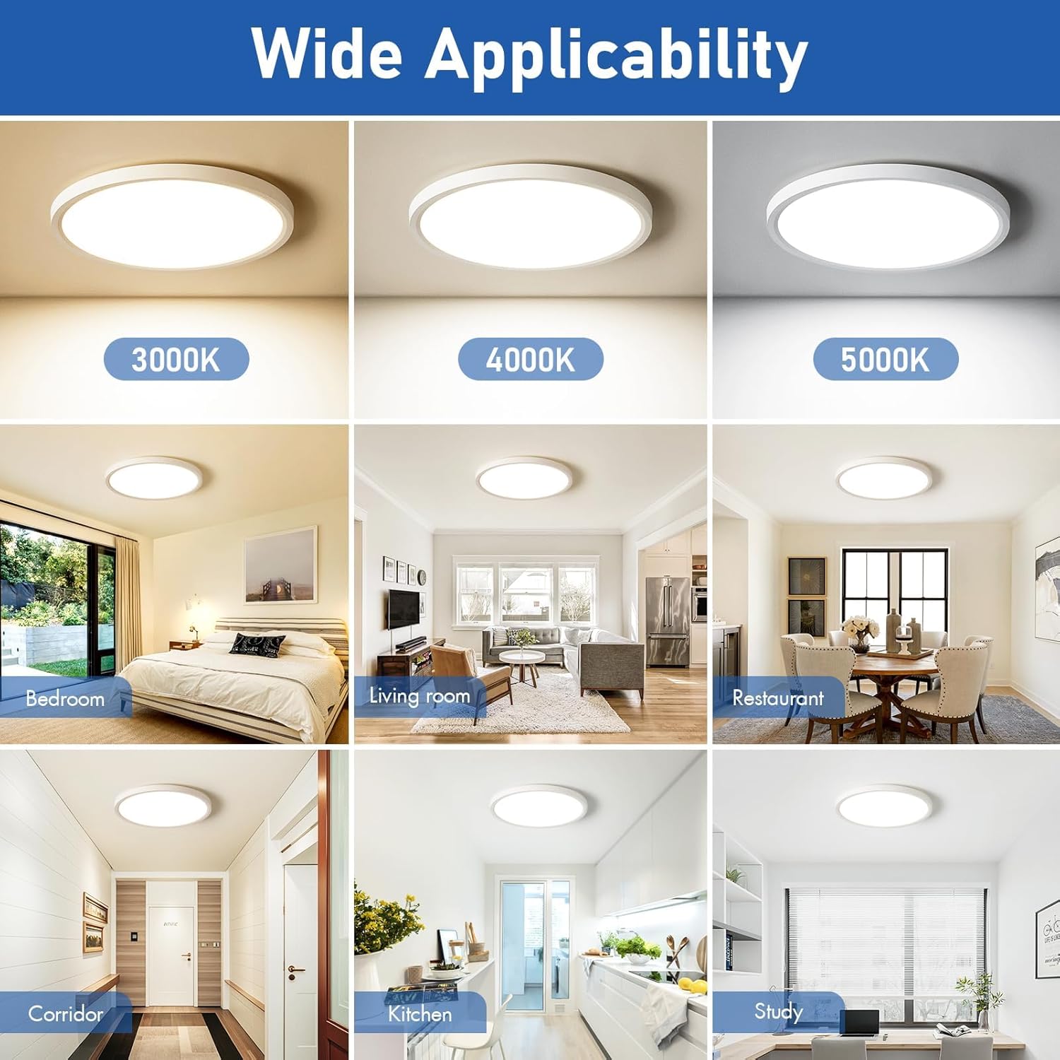 6 Pack 12 Inch Slim Dimmable LED Flush Mount Ceiling Light Fixtures, 24W 2640LM 3000K/4000K/5000K, House Upgrade Led Lights for Bedroom Hallway Laundry Room Rental Units, 240W Equiv., Black