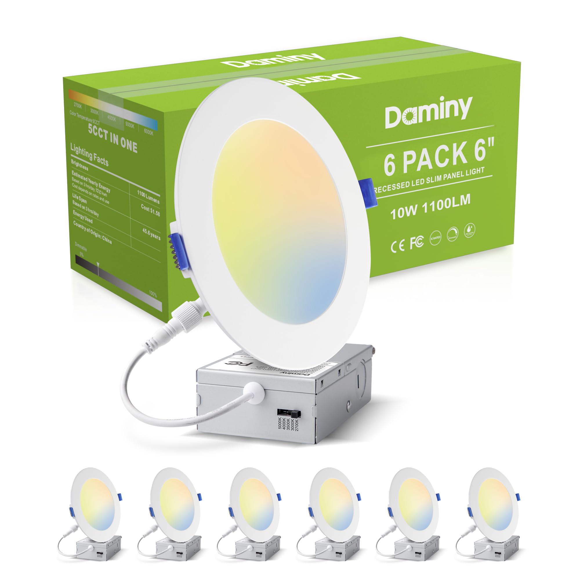 DAMINY 24 Pack 6 Inch LED Recessed Lighting with Junction Box,5CCT,Ultra-Thin Recessed Light,10W 1100LM, Dimmable Canless Wafer Ceiling Light, High Brightness